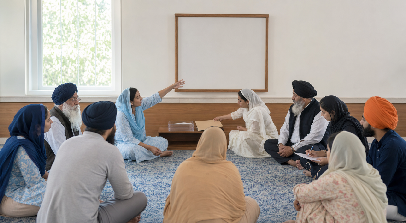 Sikh women and men of several generations hold an open-circle meeting in a community hall with folders, a blank noticeboard and a transparent document tray.