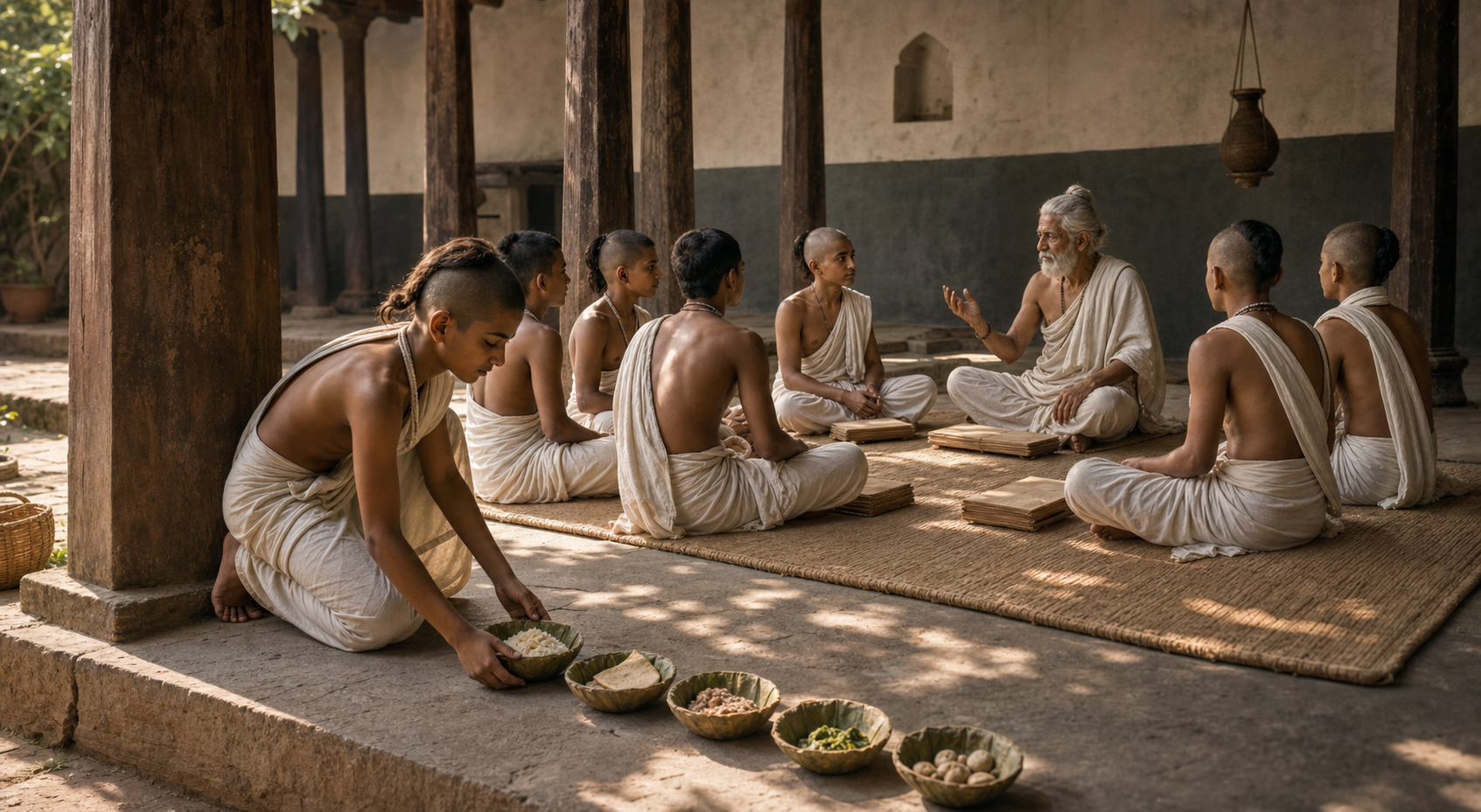 Brahmachari students sit with a teacher in a shaded courtyard while simple portions of gathered food rest nearby in leaf bowls.