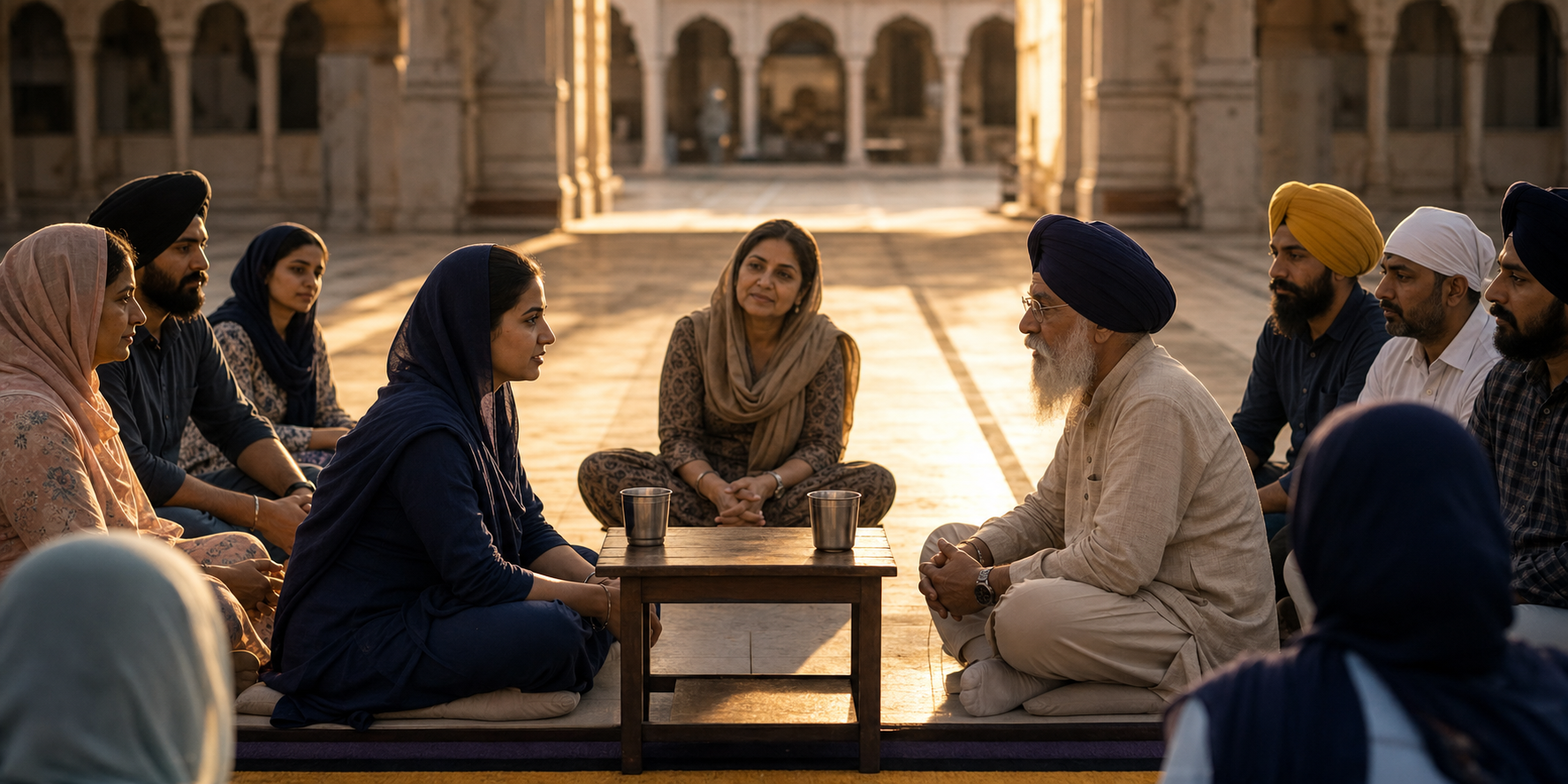 Sikh community members sit on opposite sides of a courtyard while a facilitator guides a discussion between a young woman and an older man at a shared table.