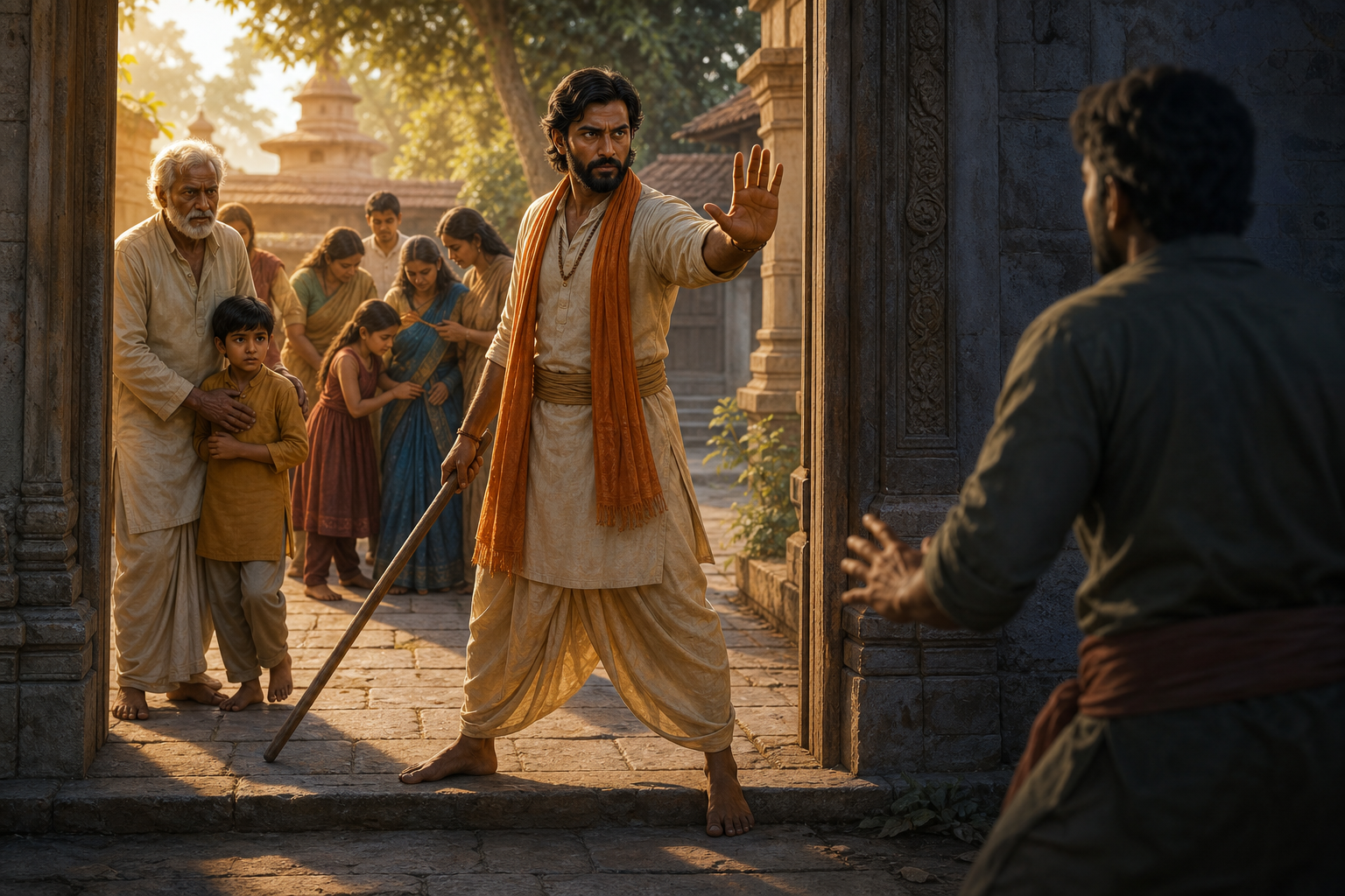 A calm guardian holds a staff down and raises an open hand while standing between a family and an approaching threat in an Indian stone courtyard.