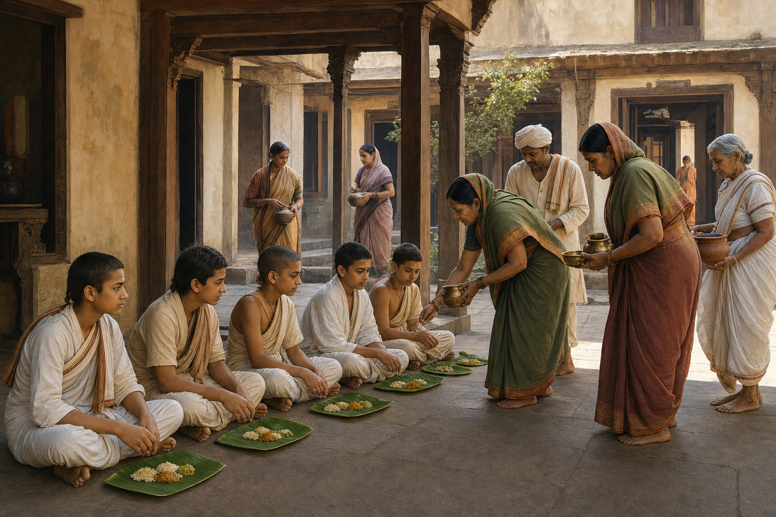 Householders serve small portions of food to Brahmachari students seated with leaf plates in a traditional Poona courtyard.