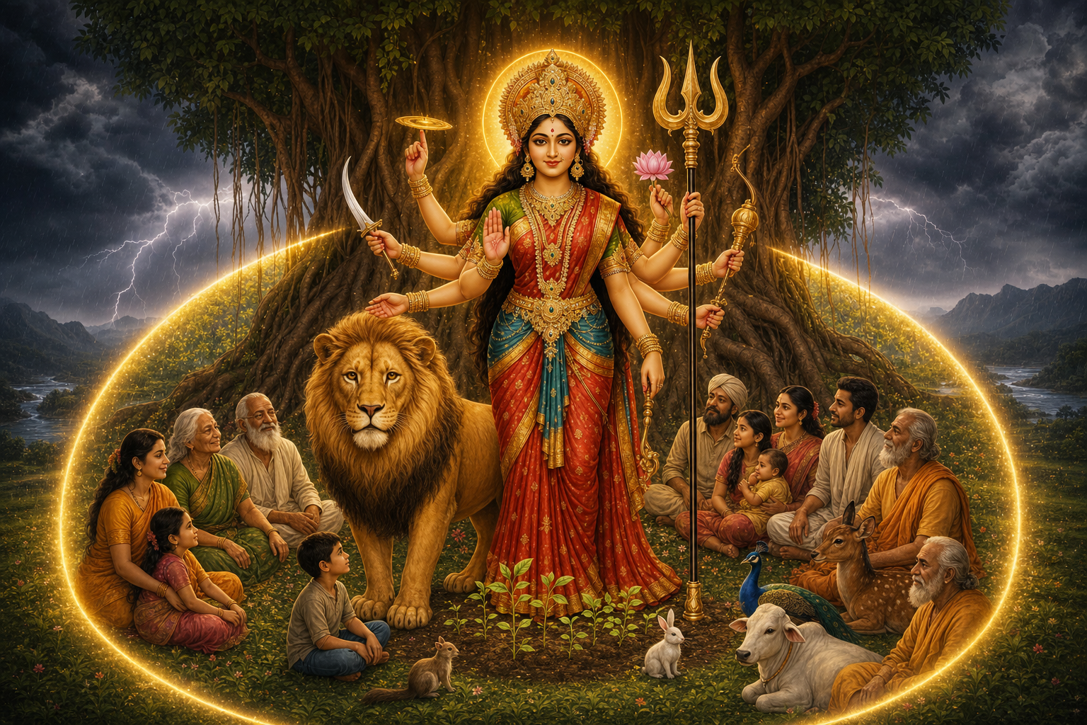The Goddess Durga raises a reassuring hand beside a calm lion while families, animals, and plants gather safely beneath a banyan tree.