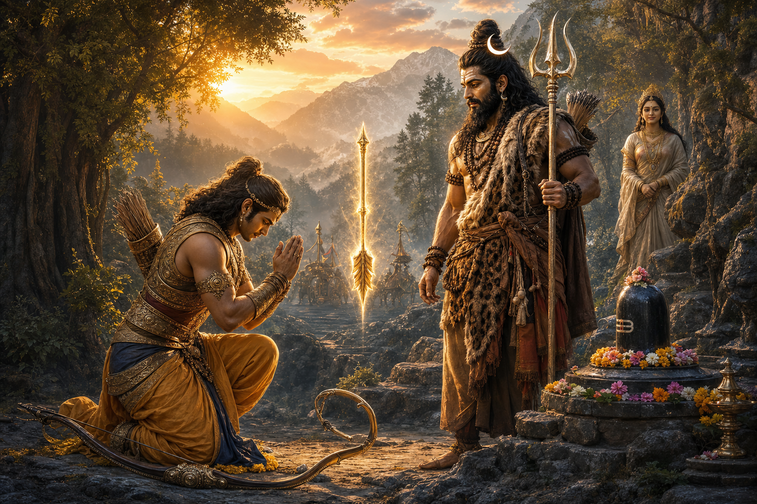 Arjuna bows before Lord Shiva as Kirata in a Himalayan forest shrine.