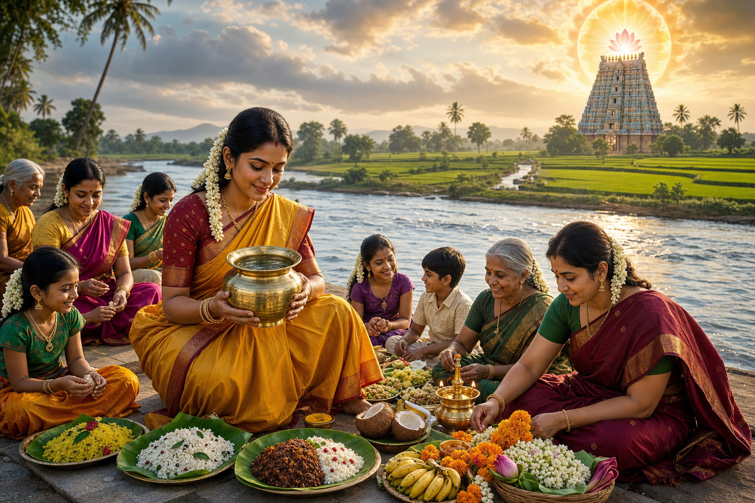 Tamil women and children celebrate Aadi Perukku beside the Cauvery River with a brass kalash, rice dishes, flowers and lamps.
