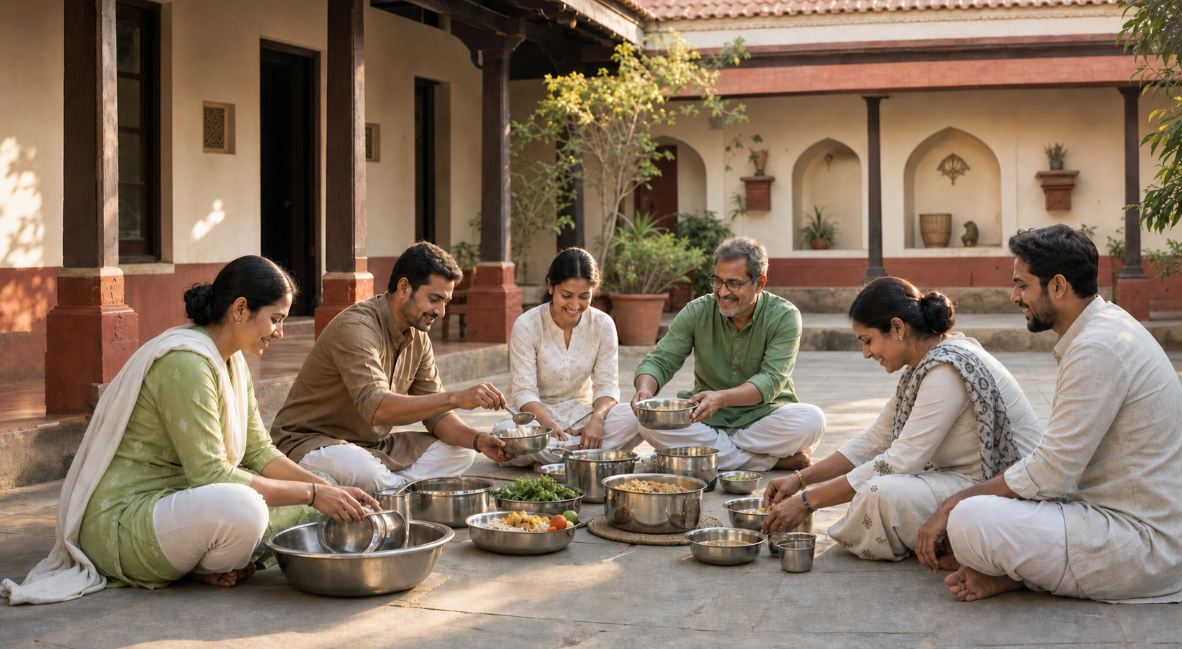 Students and a teacher prepare, serve, and clean up a simple communal meal together in a quiet courtyard.