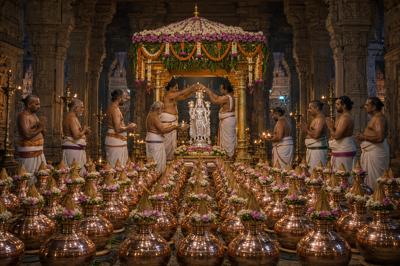 Vaikhanasa priests conduct a temple ritual before a compact silver deity icon surrounded by orderly rows of ceremonial water vessels.