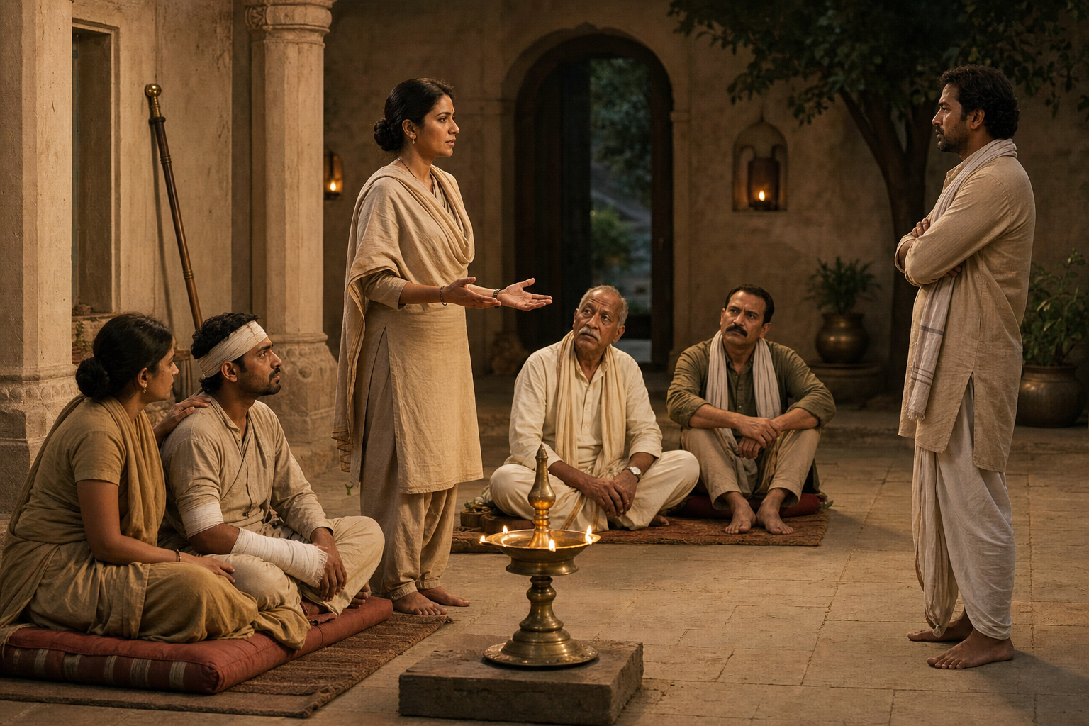 A village leader listens to an injured worker and an elder before calmly facing a tense man in a lamp-lit courtyard.