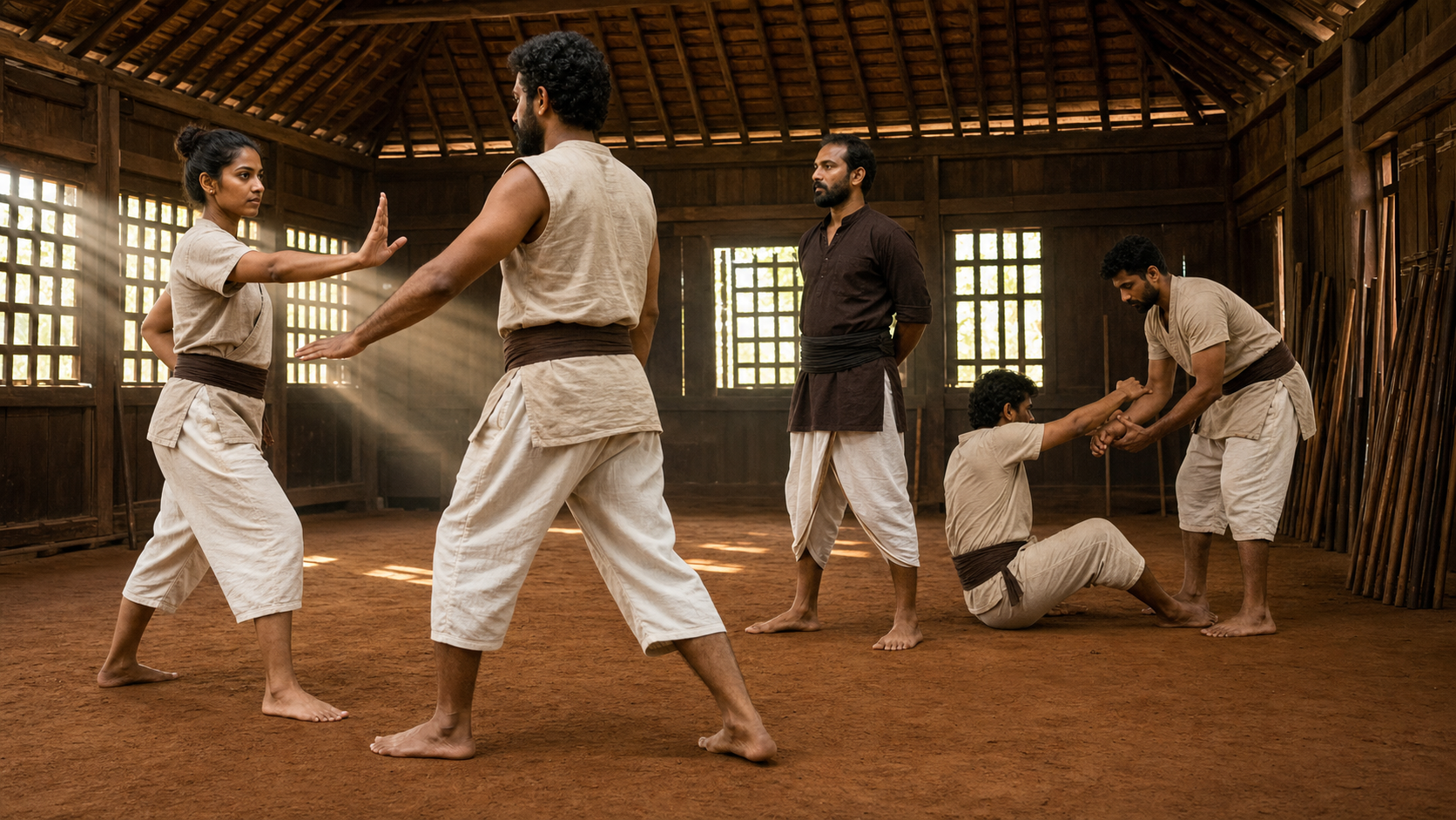 Adults practice controlled defensive movements and safe assistance under an instructor's supervision in a traditional kalari training hall.