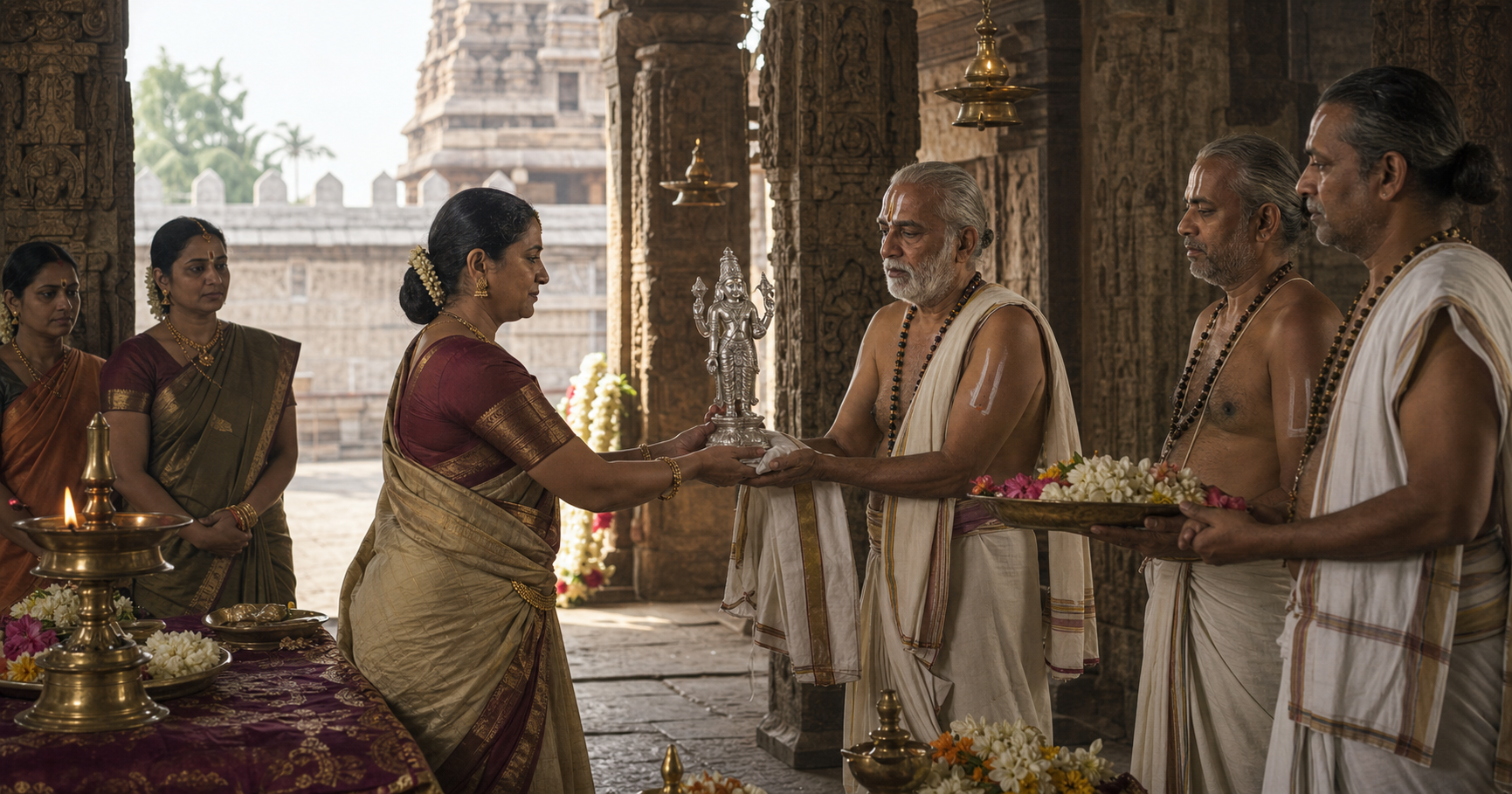 A South Indian royal patron presents a small silver Vishnu icon to Vaishnava priests in a stone temple hall.