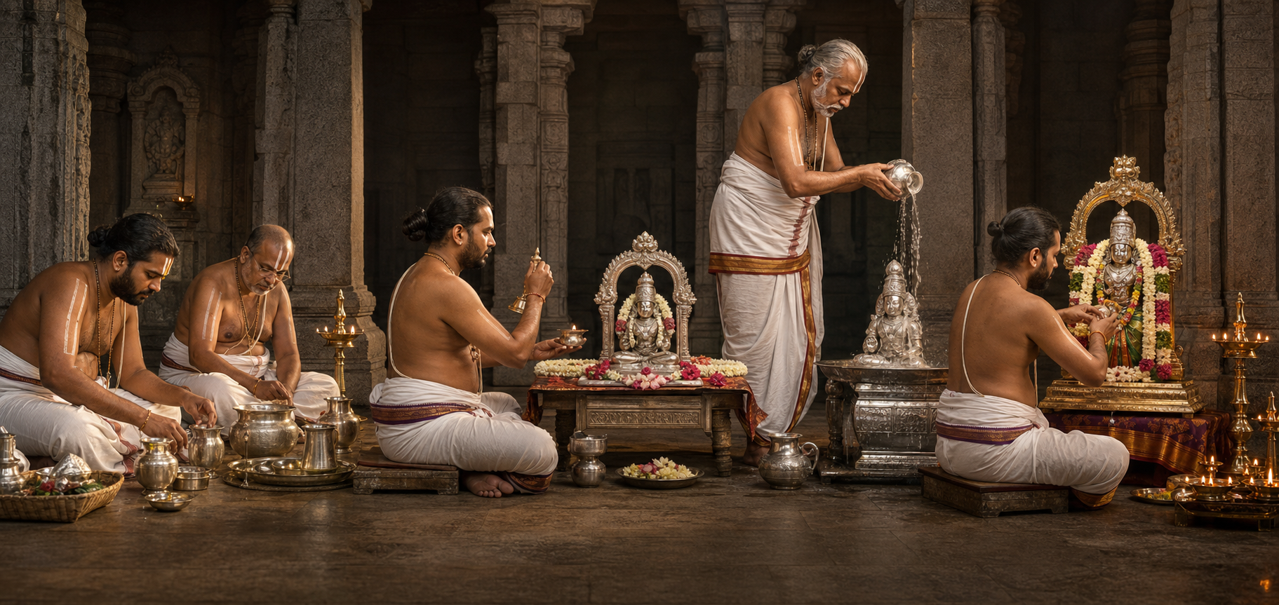 A panoramic temple scene shows priests preparing ritual vessels, offering worship, performing the ablution, and adorning the deity in sequence.