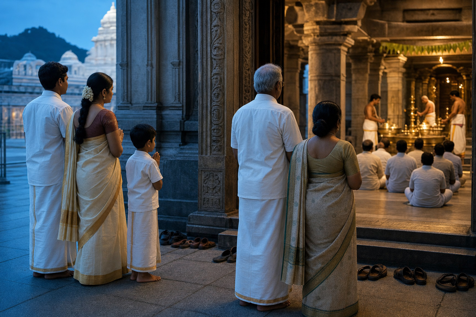 Devotees in modest traditional clothing wait quietly and pray before entering a lamp-lit South Indian temple hall for a special seva.