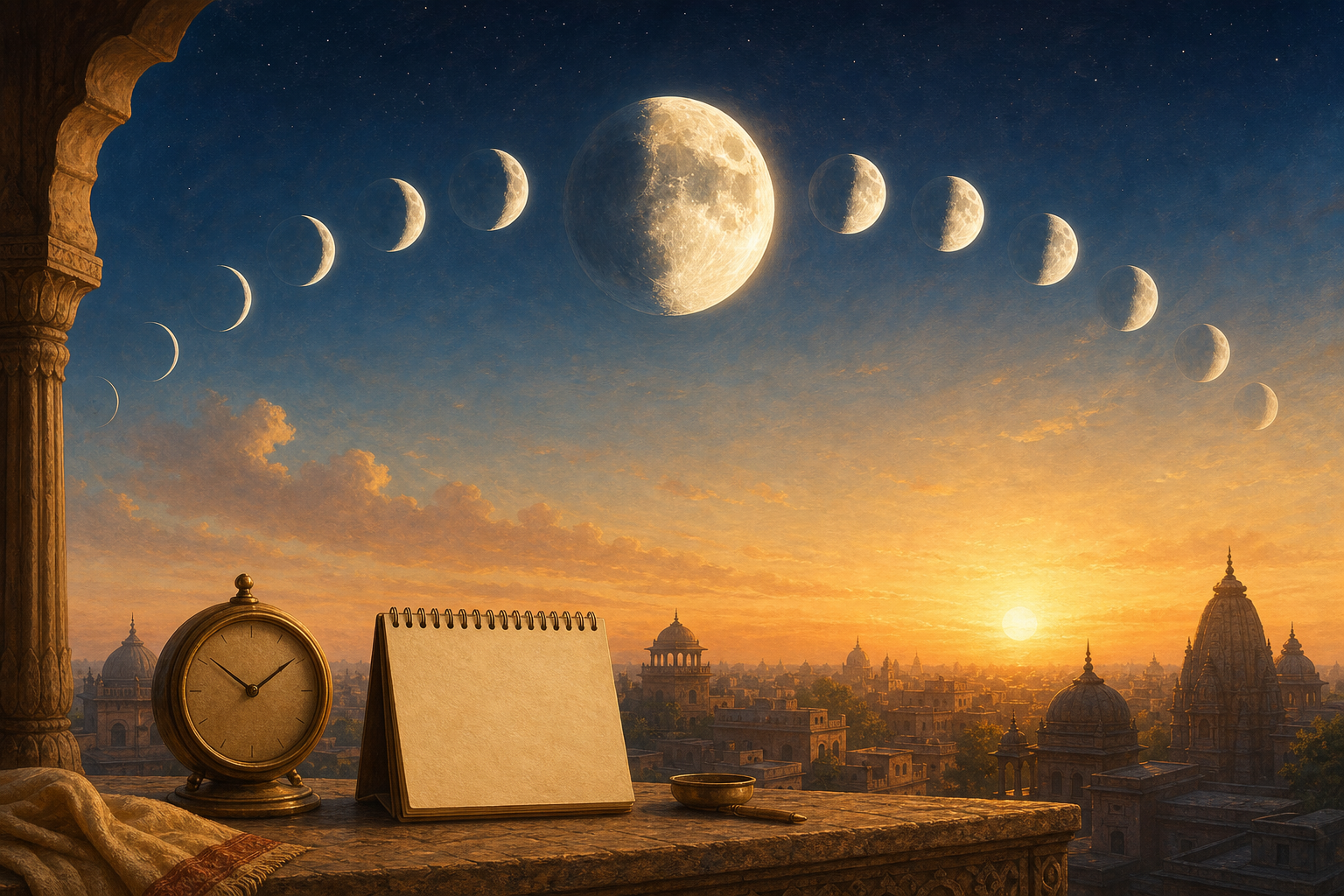 A waxing moon and lunar phase arc appear above a small unnumbered brass clock and blank calendar near a sunrise horizon.