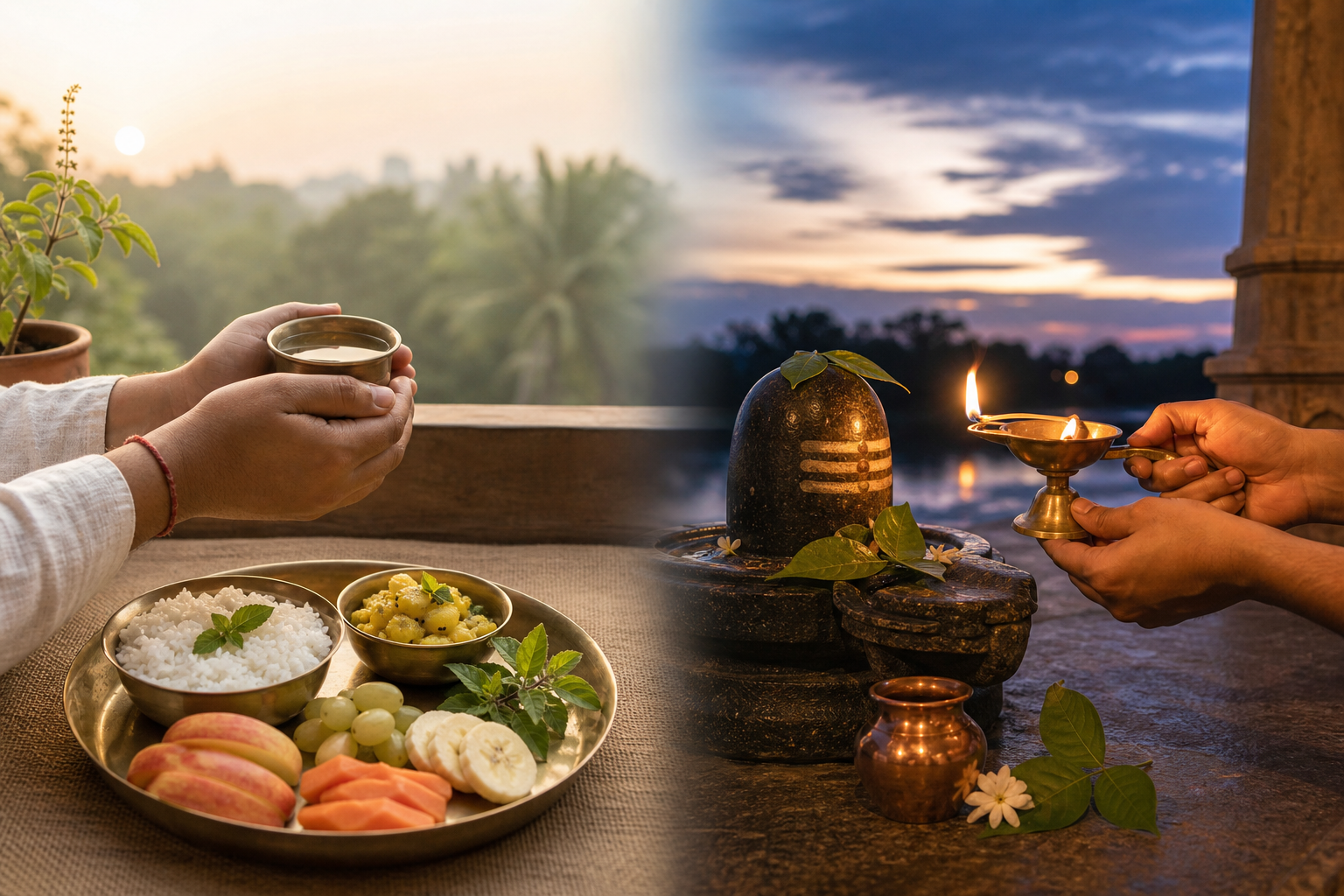 Morning hands prepare water and a simple meal to end a fast, while twilight hands offer a lamp before a Shiva lingam with bilva leaves.