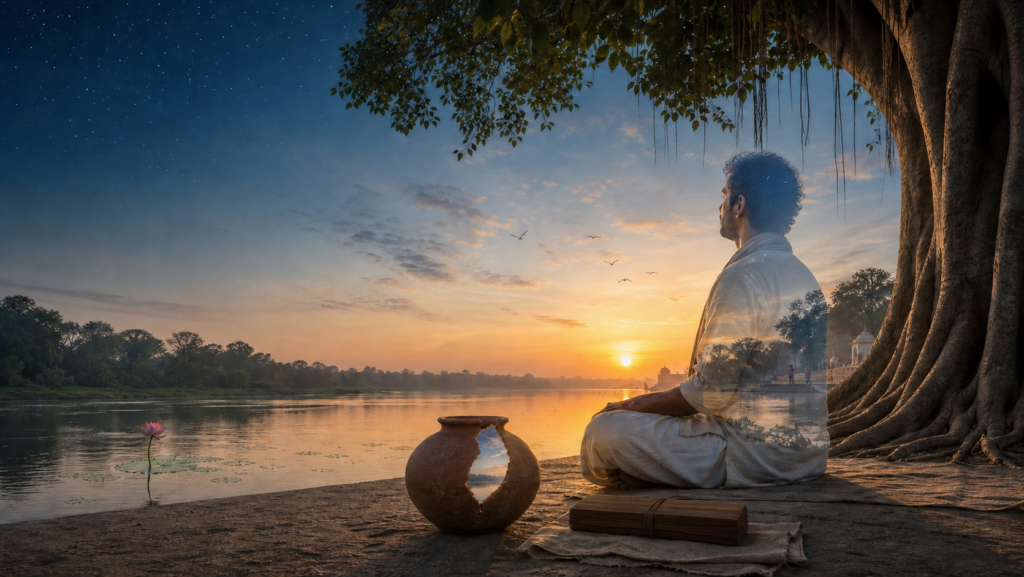 Indian man meditating beneath a banyan tree beside a river at dawn, with a translucent silhouette and a cracked clay pot open to the sky.