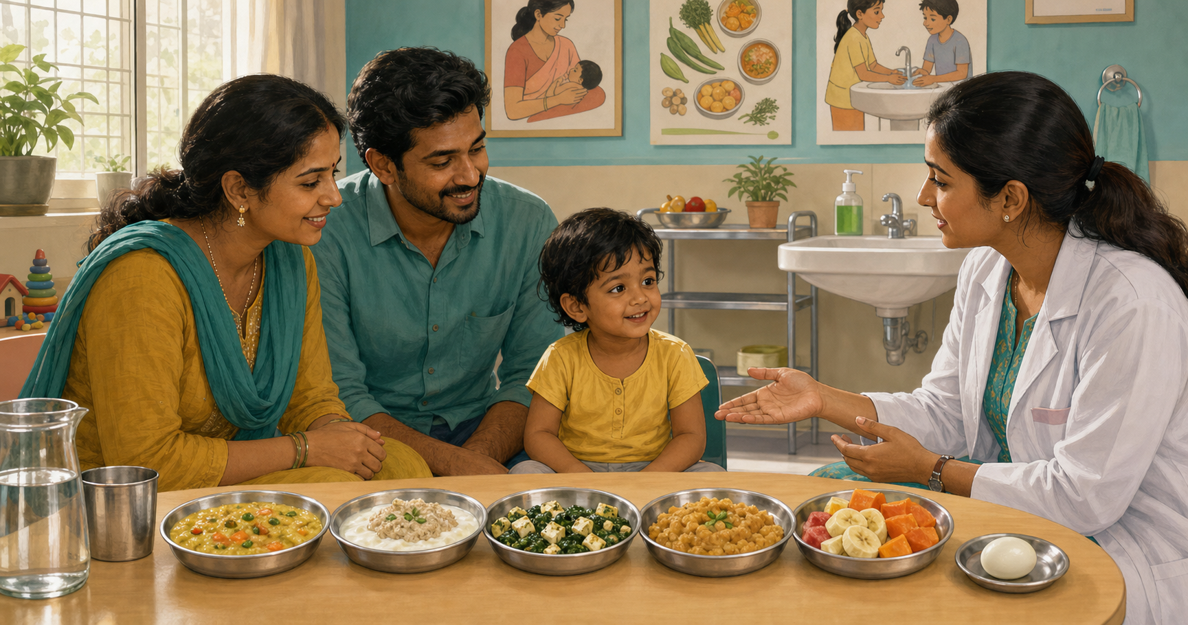 A hospital dietitian discusses several child-sized meal options with an Indian family and their young child.