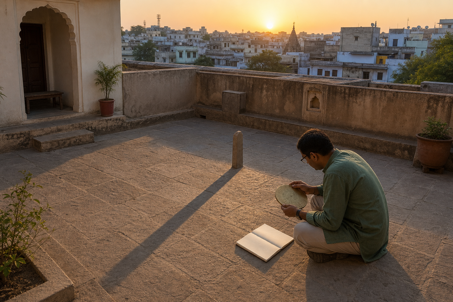A courtyard gnomon casts a long shadow while a person compares it with an unmarked brass instrument near the local horizon.