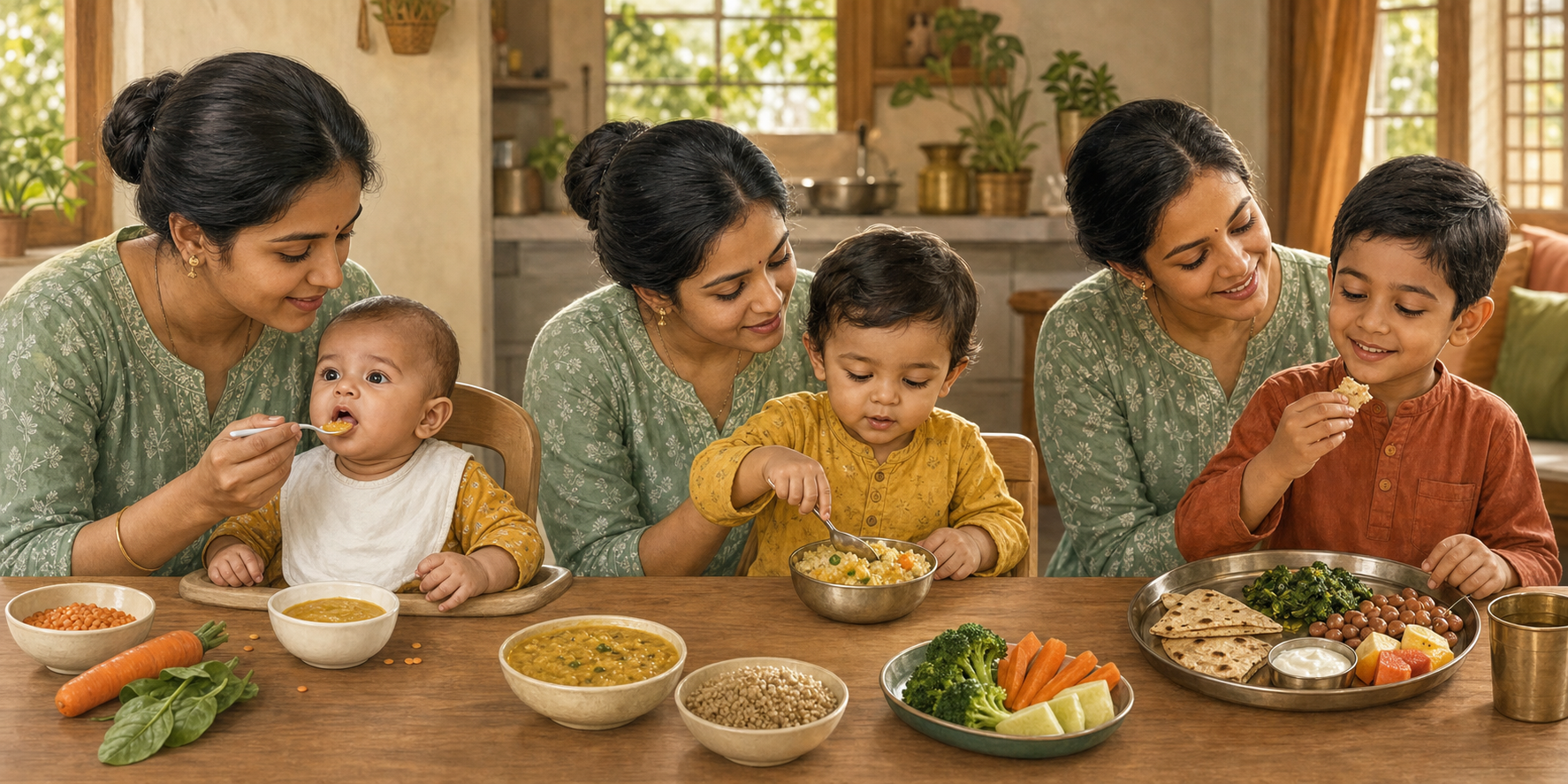 Three feeding scenes show an infant, toddler, and preschool child receiving meals with age-appropriate textures and portions.
