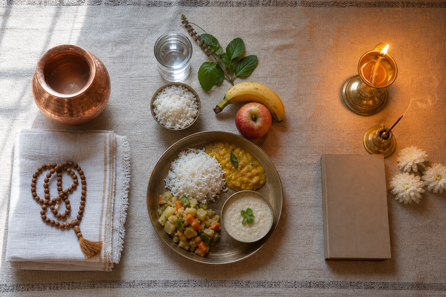 Morning prayer items, a simple parana meal, and evening puja objects are arranged in three groups on a woven cloth.