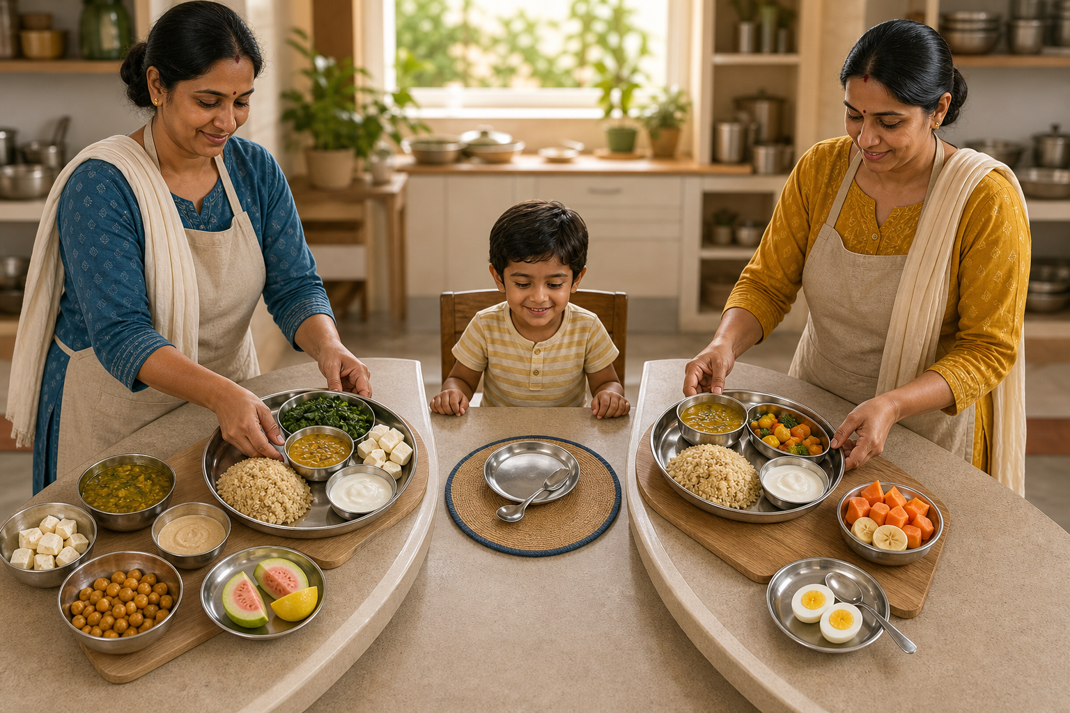 Two caregivers prepare different balanced child meal trays from vegetarian foods and an optional cooked egg pathway.