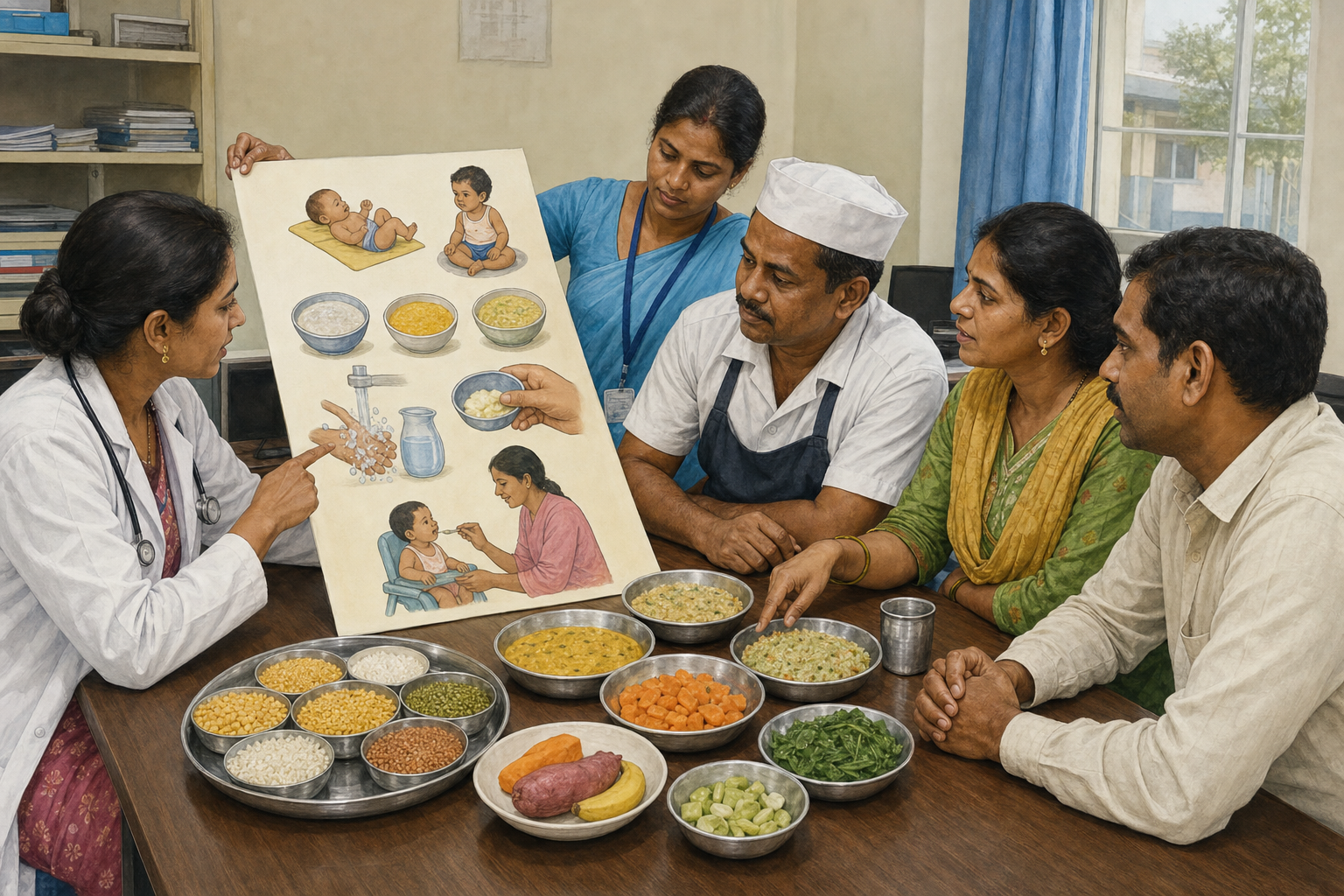 Hospital staff and parent representatives review a picture-based child-feeding poster beside affordable foods and clean utensils.