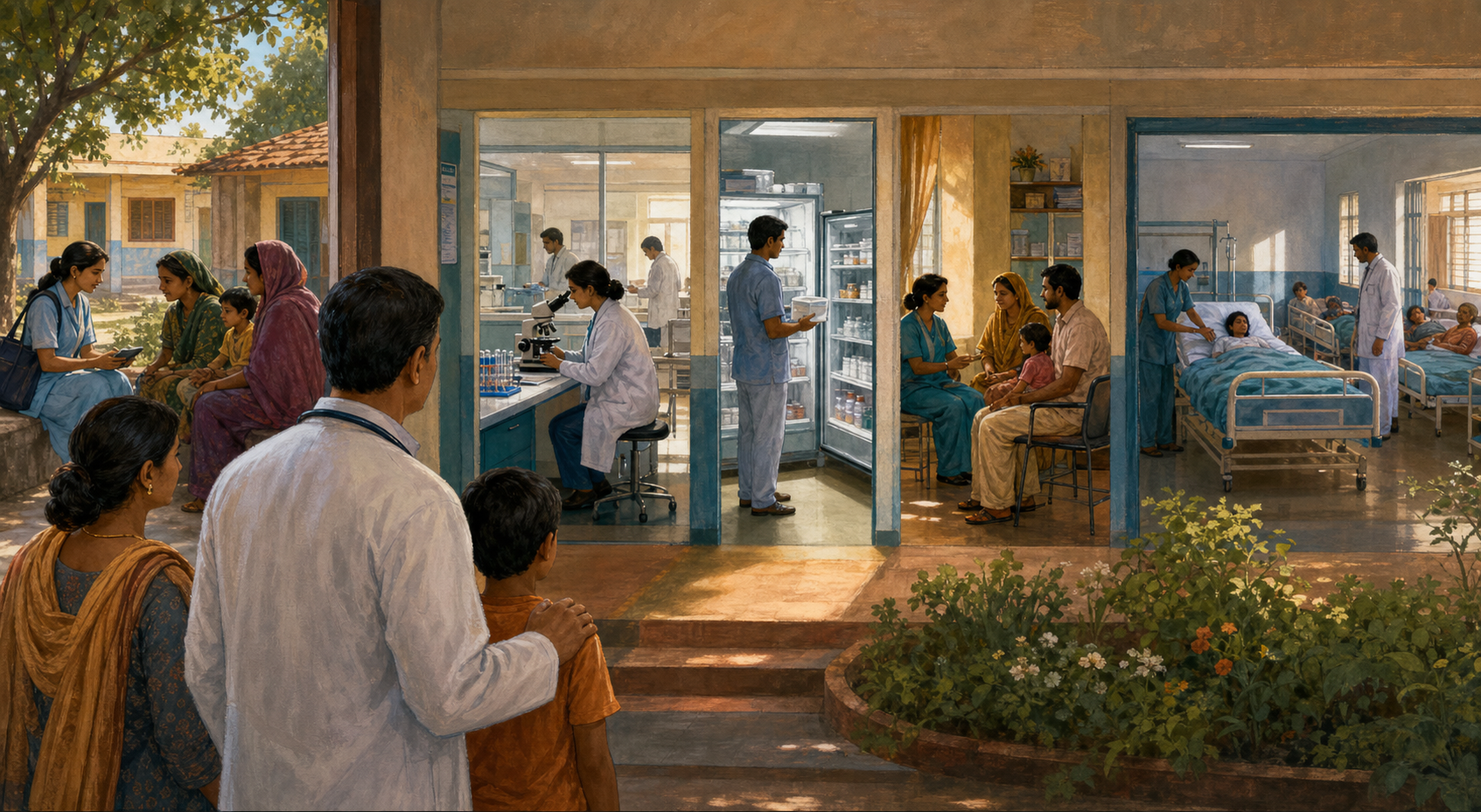 An illustrated Indian physician, patient and caregiver stand beside a district hospital as a connected path leads through diagnosis, medicine storage, counseling and clinical care.