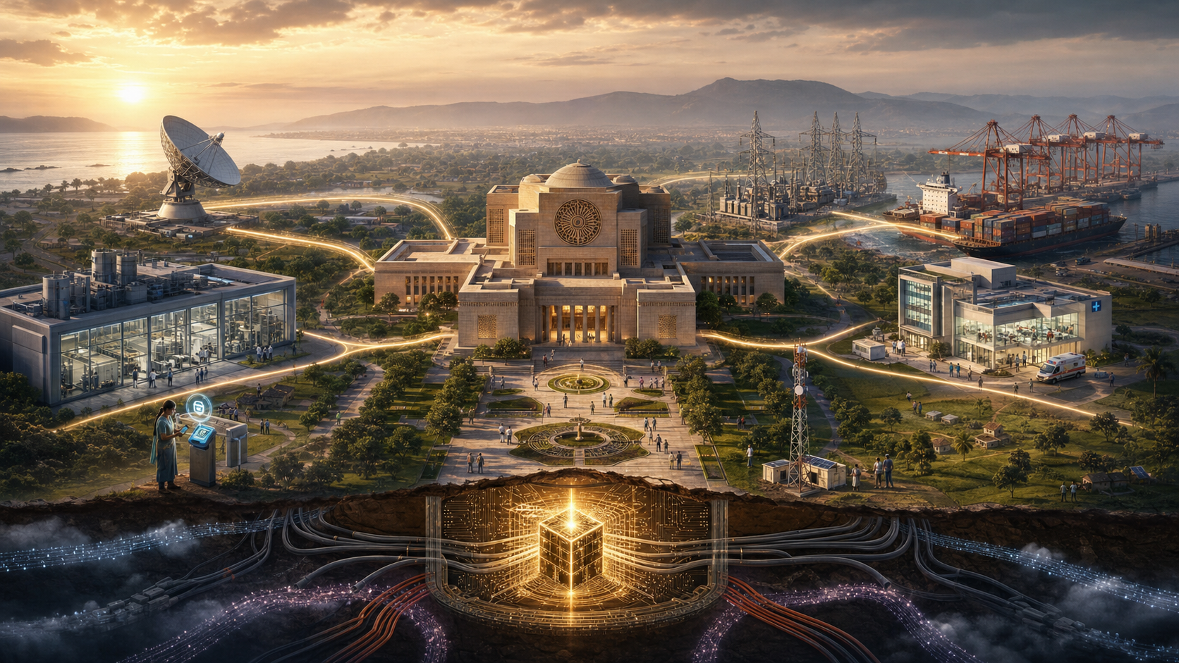 An interconnected Indian civic landscape links a government complex with a chip facility, satellite station, power grid, port, hospital and telecommunications tower while external cables approach from beyond the frame.