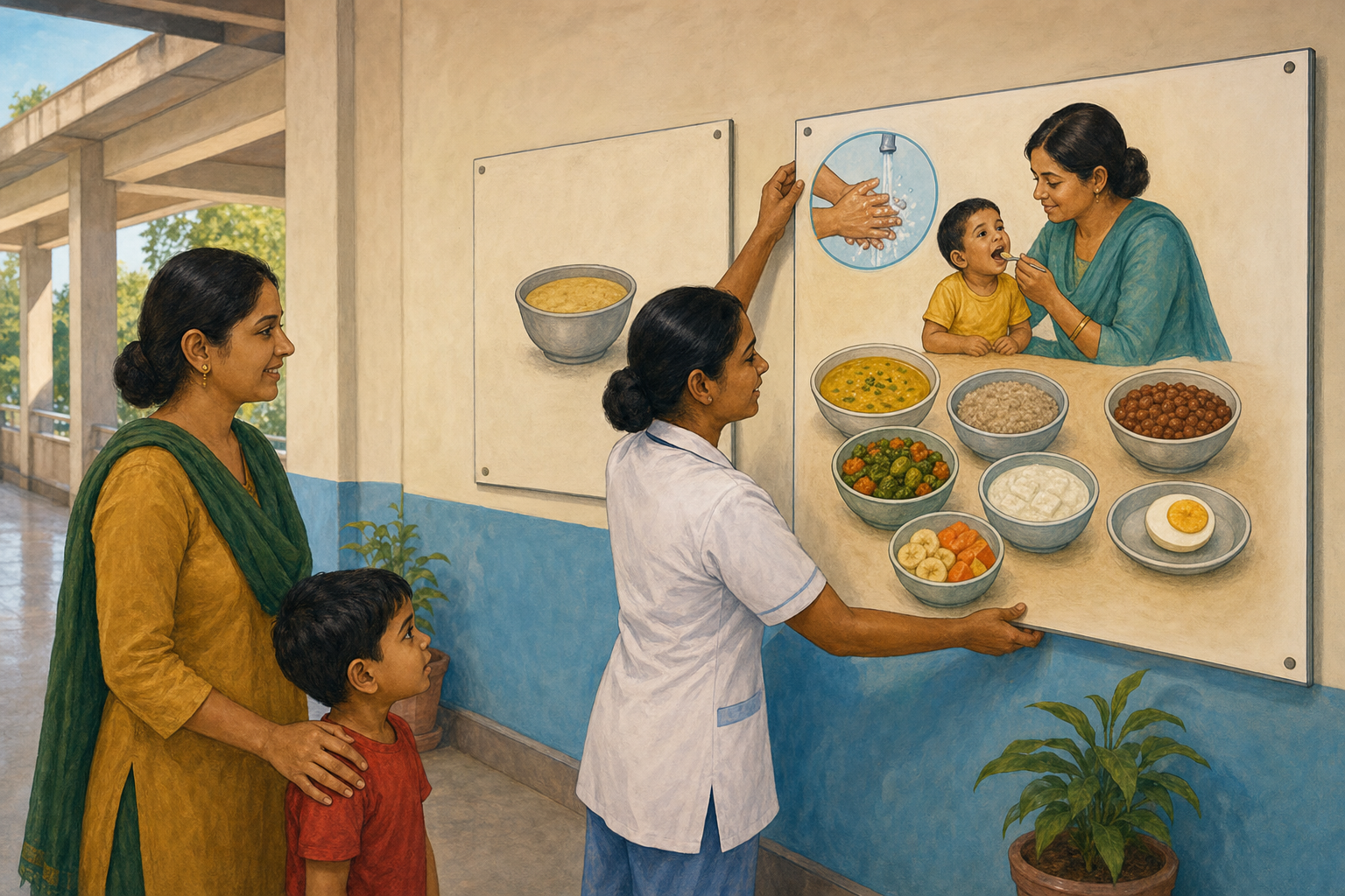 A hospital team replaces a single-food feeding poster with an inclusive picture-based panel showing several meal choices and safety steps.