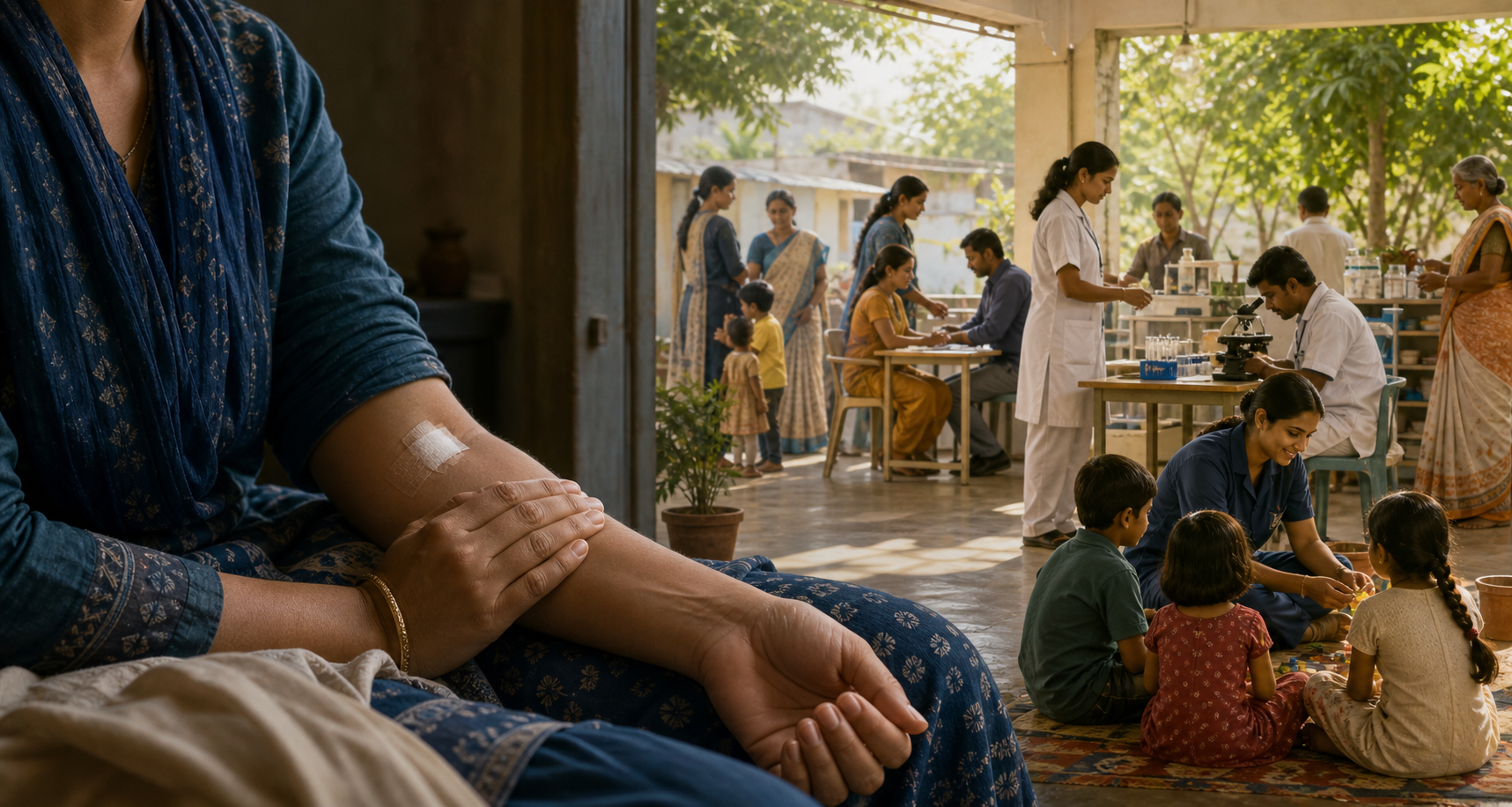 A patient's bandaged arm and a relative's supportive hands appear in the foreground while families and health workers gather in a bright community clinic beyond them.