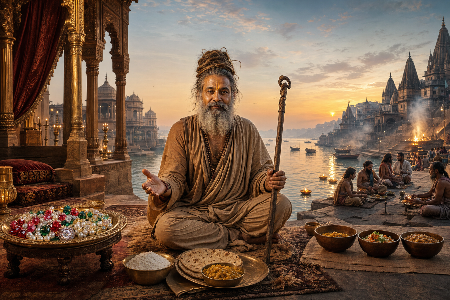 Digital illustration of Baba Kinaram seated with a staff between palace jewels and a simple meal beside the Ganga at a Varanasi ghat.