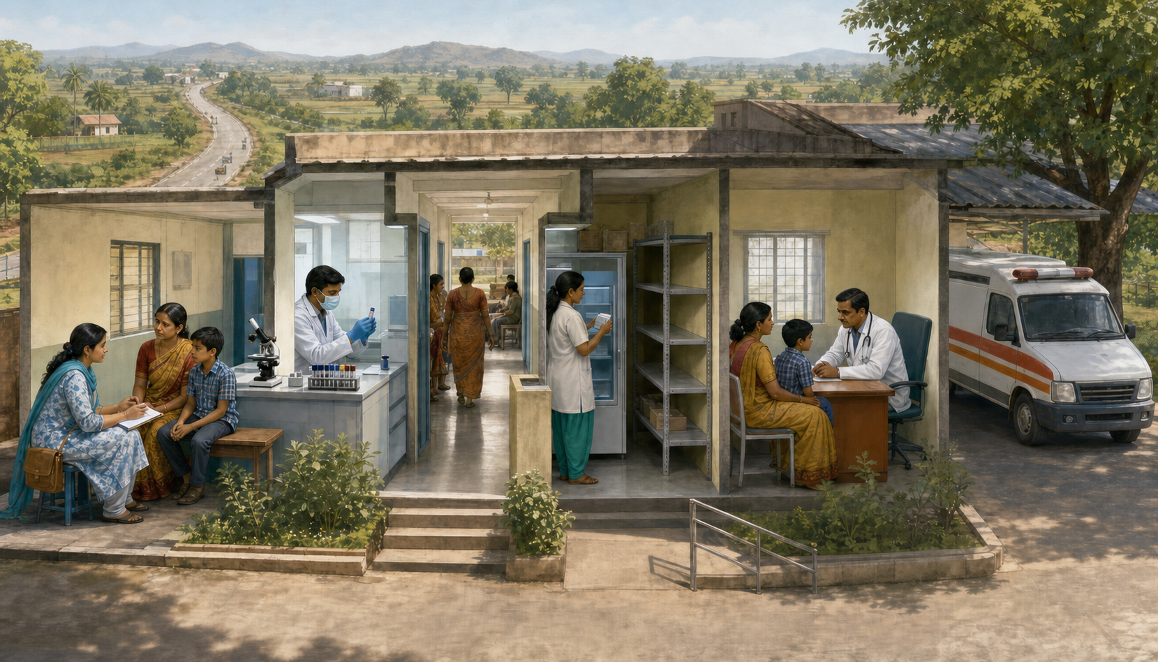 A panoramic clinic scene shows a family moving through community recognition, laboratory testing, refrigerated medicine access, medical consultation and emergency referral.