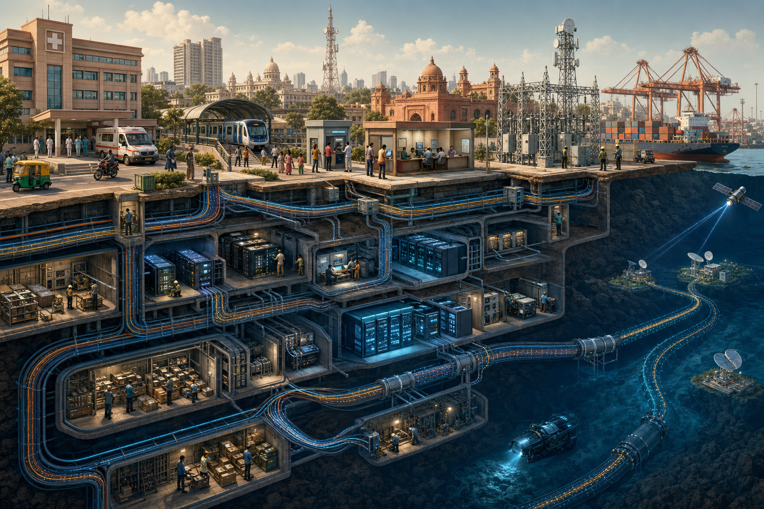 A cutaway view of an Indian city shows hospitals, transport, payments, ports, power and communications connected to hidden cables, data centers, supply routes and overseas infrastructure.