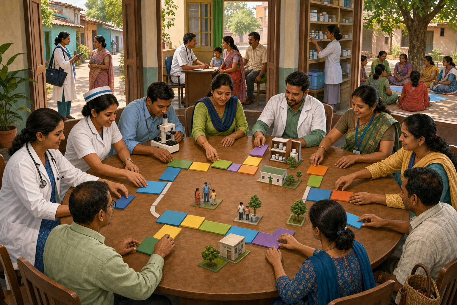 Health workers, patients, a parent, an administrator and a volunteer collaborate around a table while outreach, clinic care, medicine storage and family support take place nearby.