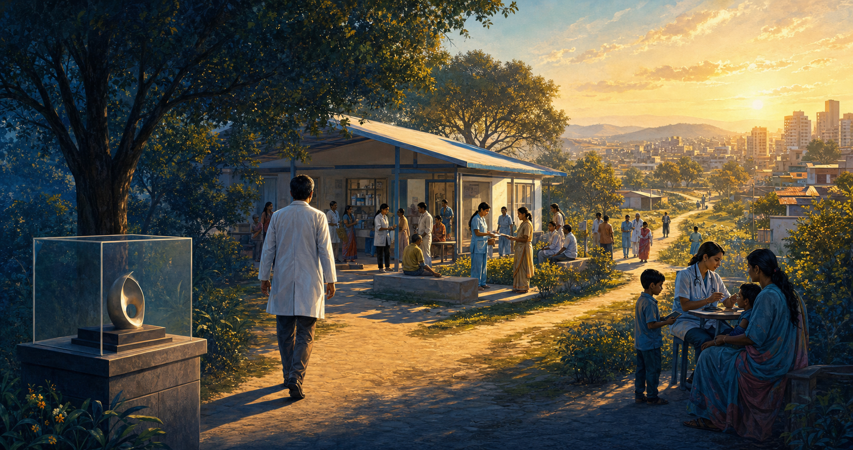 A physician leaves an unmarked honor in a display case and walks toward a busy community health center where a new generation continues serving patients.