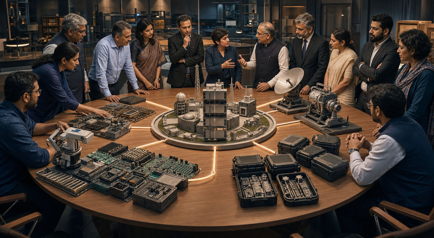 Indian engineers, officials, diplomats and entrepreneurs compare domestic production, inspected imports and negotiated technology access around a table of infrastructure models.