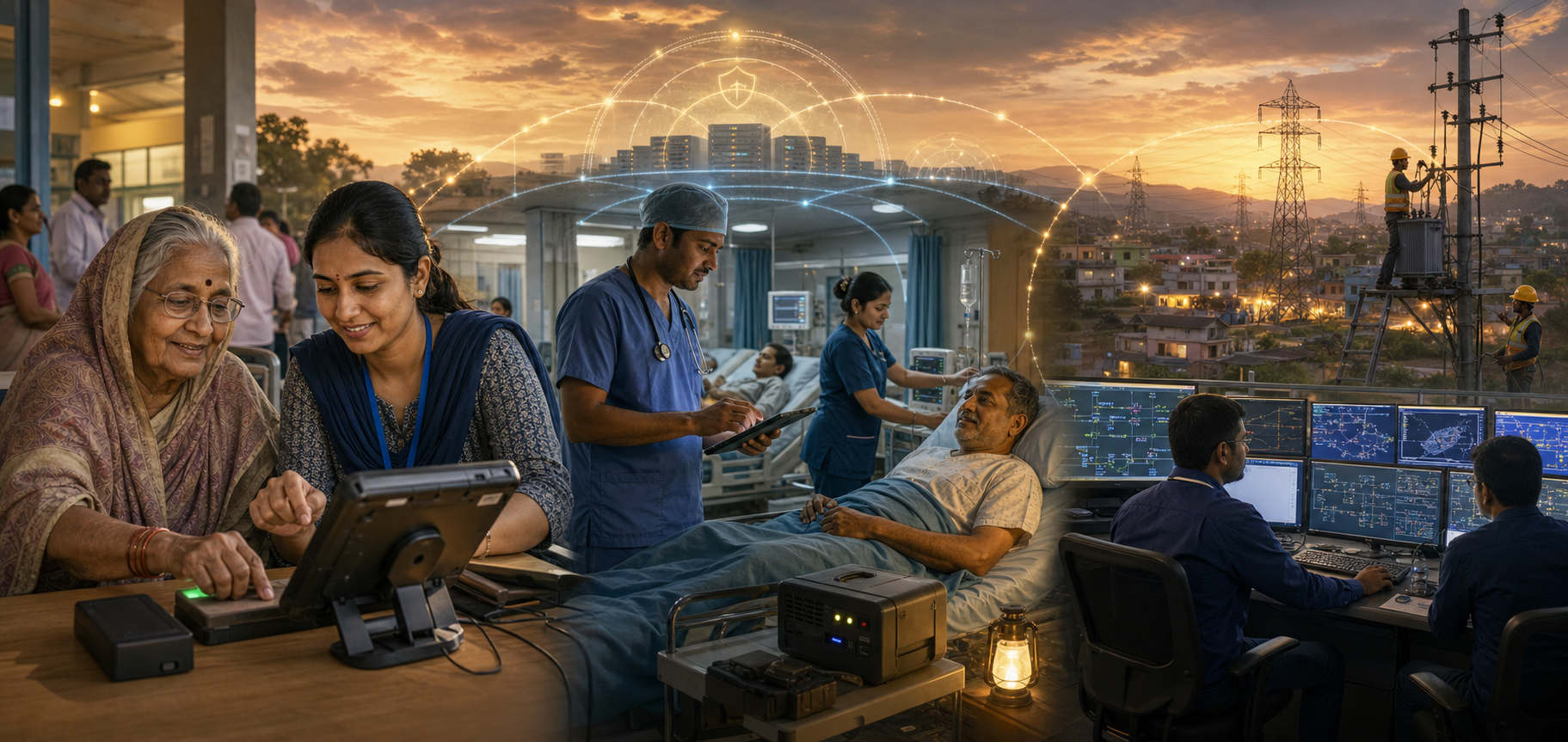 Citizens receive assisted digital services while hospital staff, grid operators and field technicians keep essential systems running through secure backups and redundant infrastructure.
