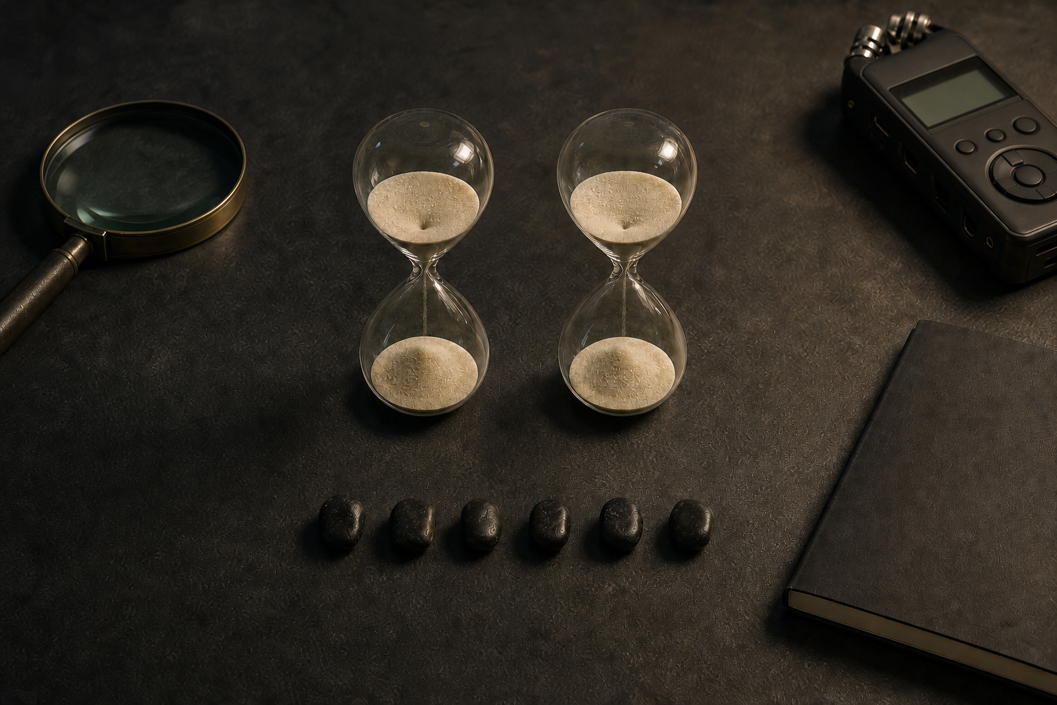 Two matching hourglasses sit beside six black stones, a magnifying glass, a recorder, and a blank notebook on a dark table.