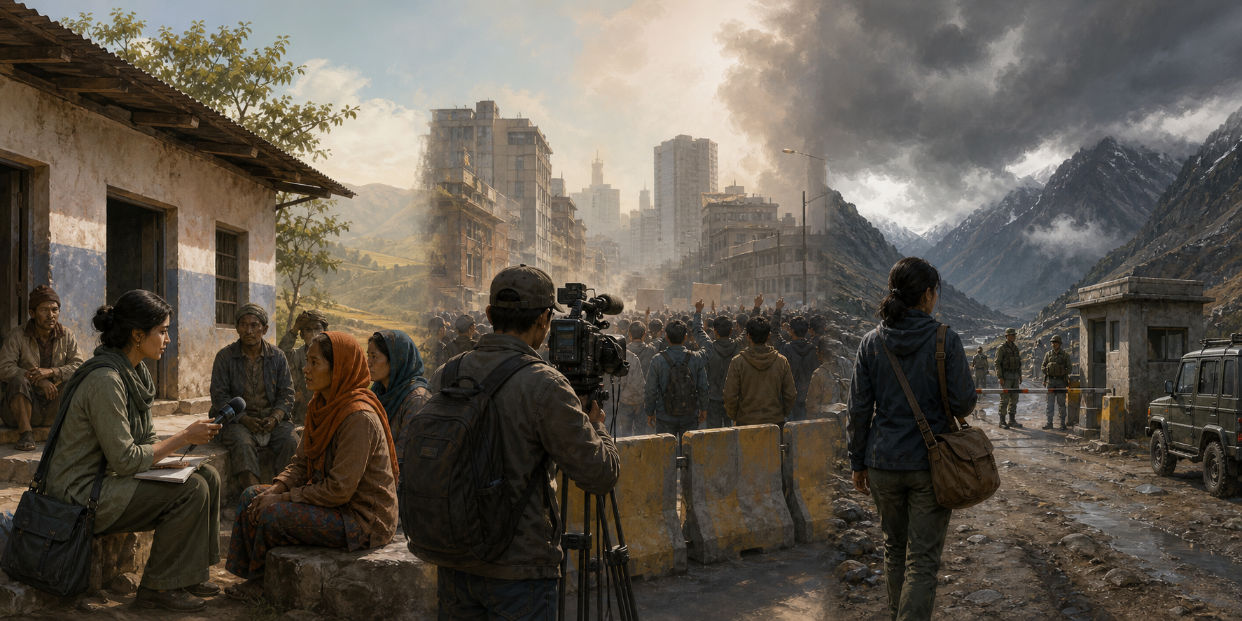 Three connected scenes show journalists reporting in a rural civic area, near an urban demonstration, and along a remote mountain road.