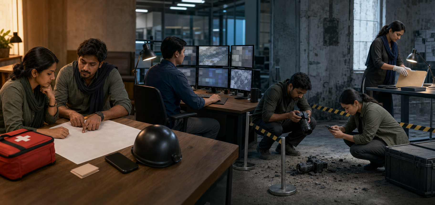 A press-safety sequence shows a newsroom risk briefing, a colleague monitoring a check-in, and investigators documenting an abandoned damaged camera.