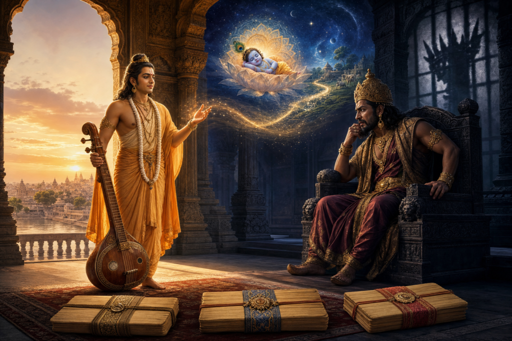 Devarshi Narada addresses a tense King Kamsa as a celestial vision of infant Krishna glows above three palm-leaf scripture bundles.