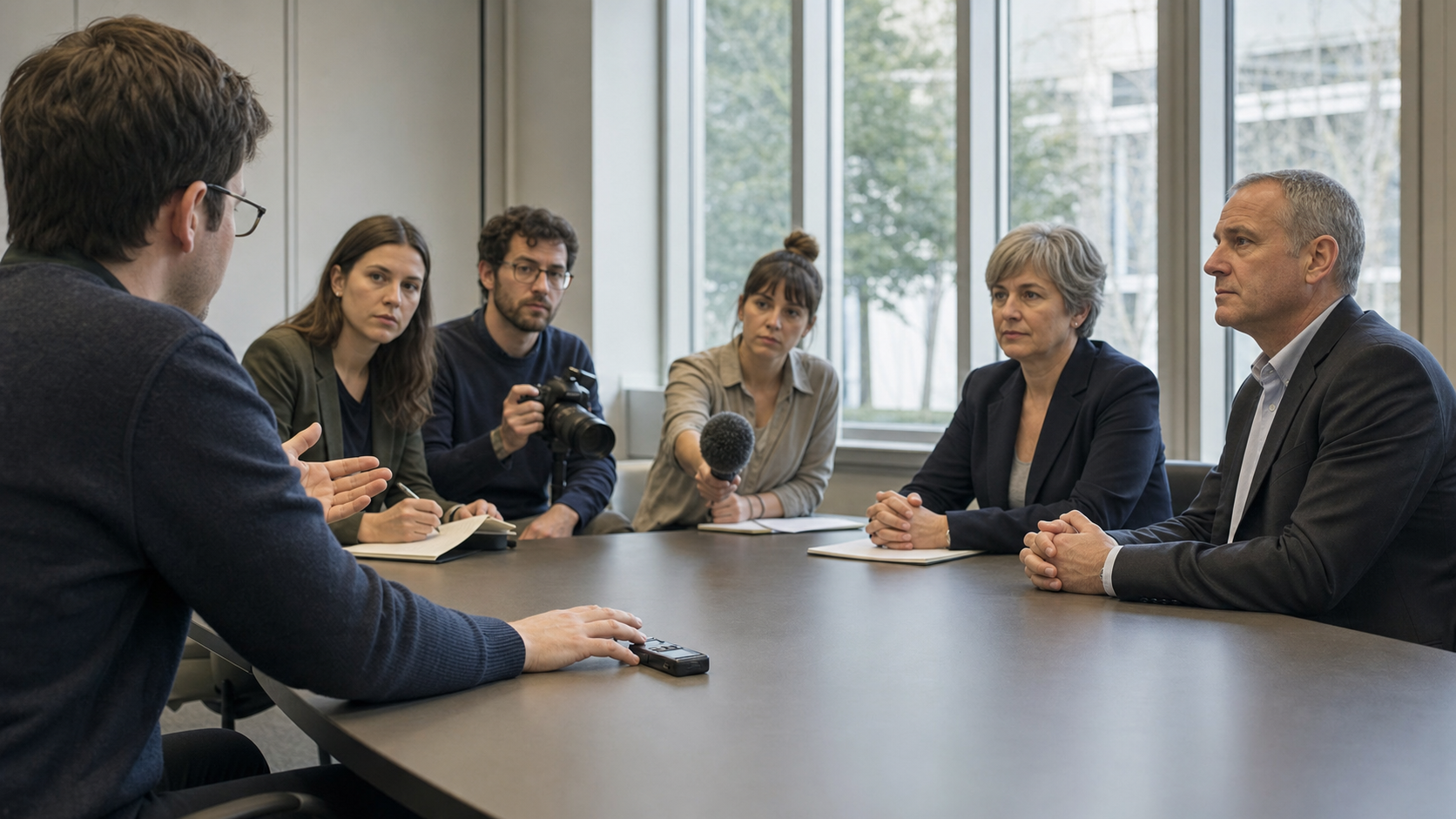 A journalist records an official briefing while several other reporters listen with notebooks, cameras, and microphones.