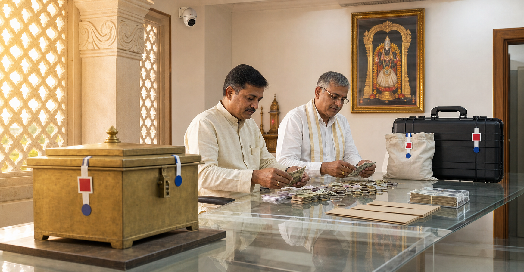 Temple trustees jointly document offerings beside a sealed donation box, tamper-evident pouch and prepared bank deposit case.