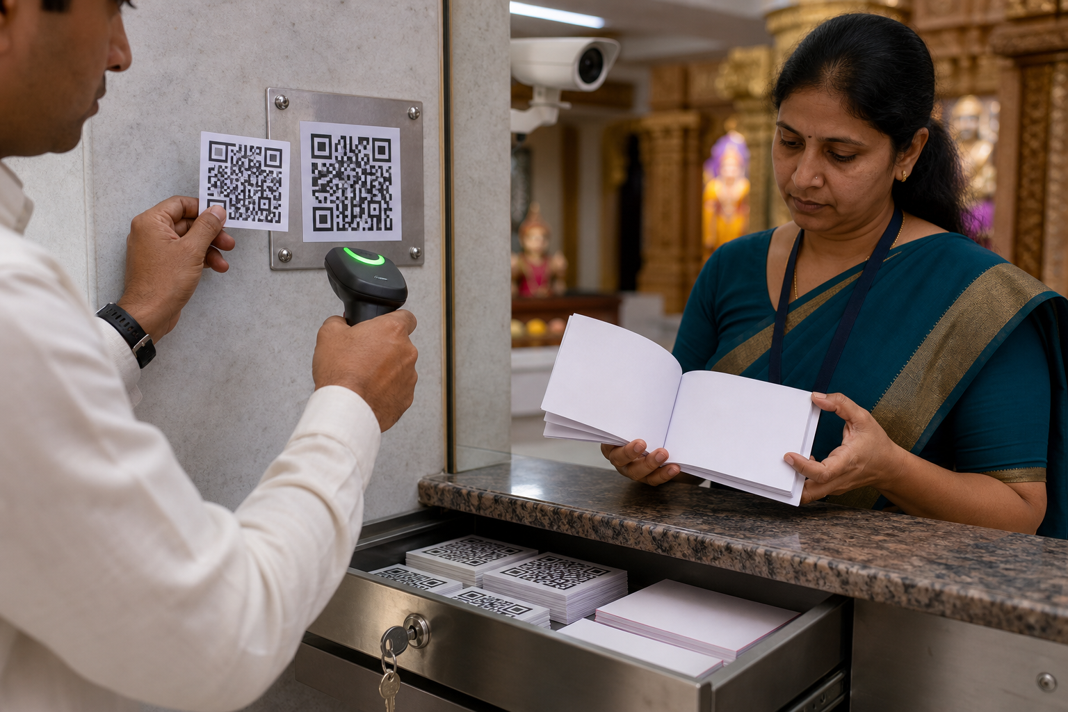 Temple volunteers inspect a mounted digital donation code, blank receipt book and securely stored replacement materials.