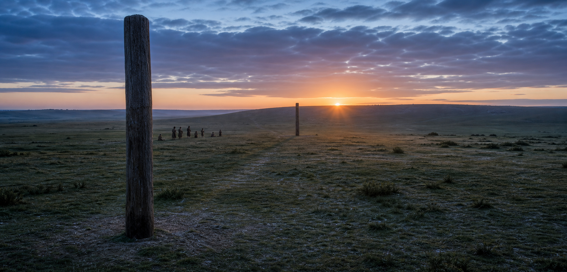 Reconstruction of two prehistoric timber posts aligned with a low solstice sun on the horizon across open chalk grassland at Bulford.