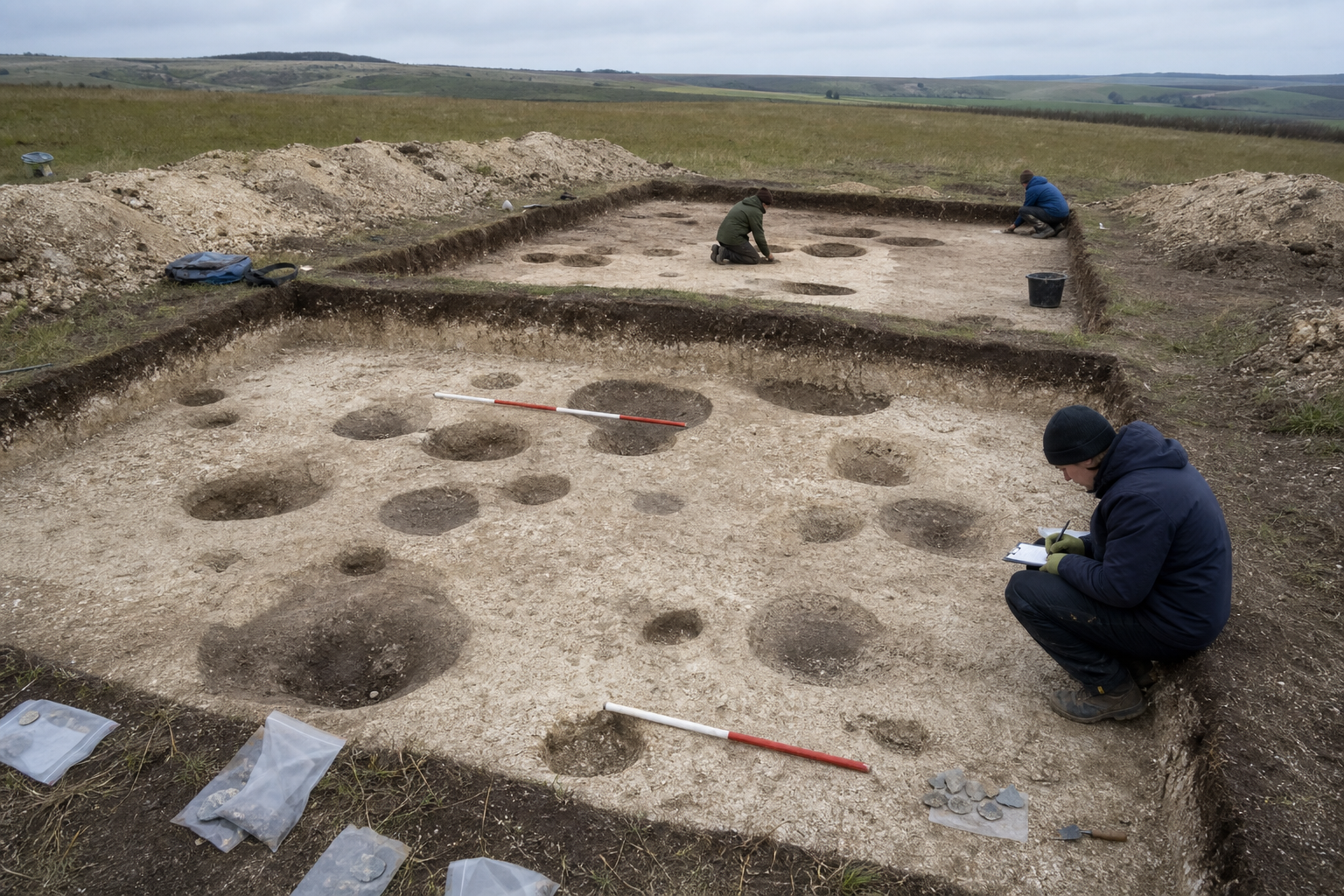 Archaeologists examine dark circular posthole stains and small finds exposed against pale chalk soil in excavation trenches.