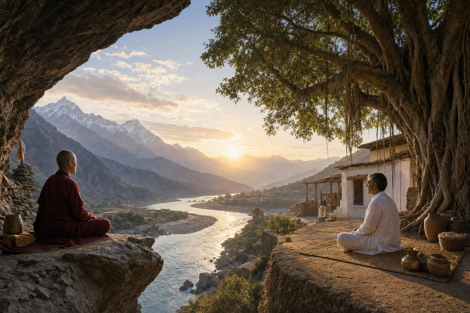 Two practitioners meditate in separate settings, one beneath a Himalayan rock shelter and one under a banyan tree beside a courtyard.