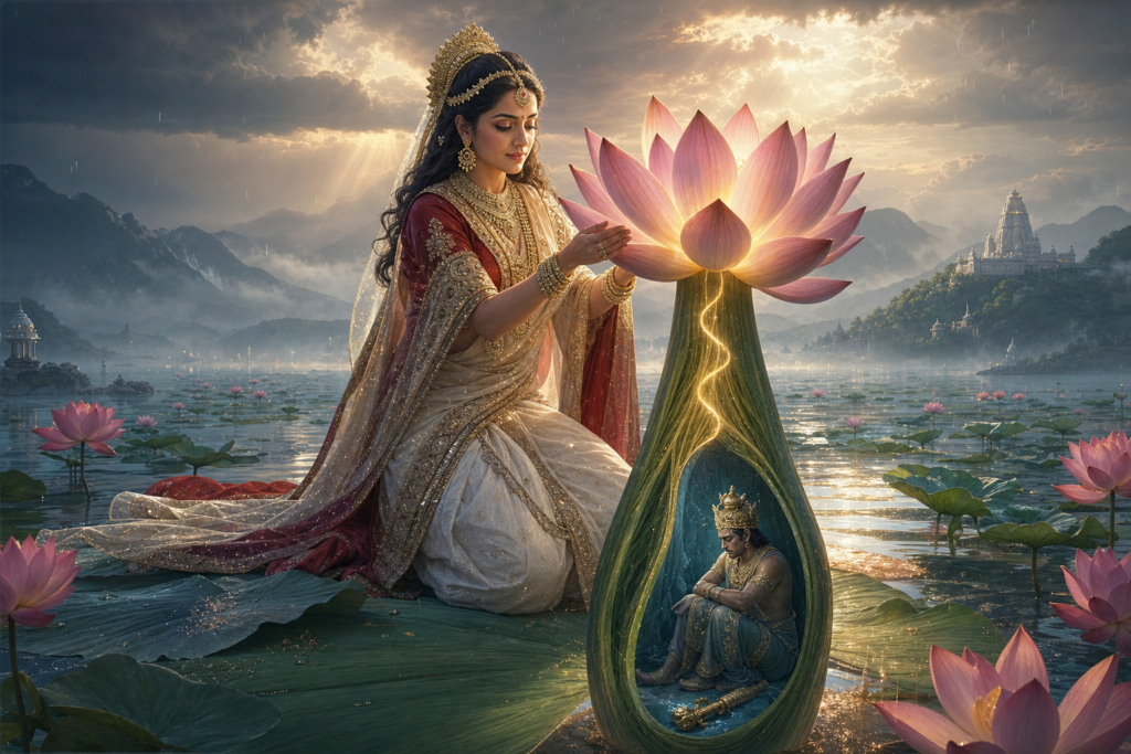Sachi Devi sends sacred light through a giant lotus stalk toward a hidden, contemplative Indra on a misty lotus lake.
