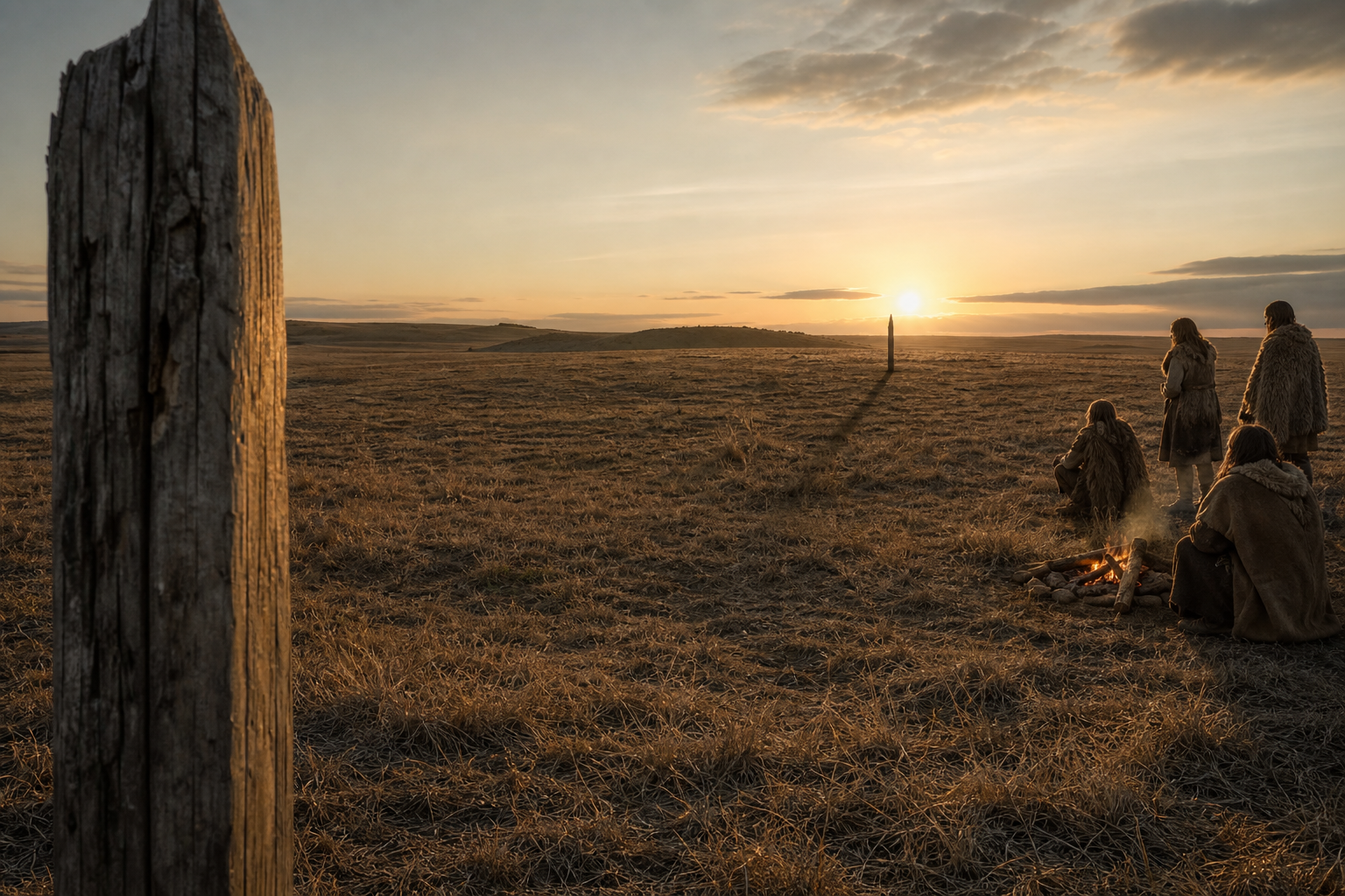 Two widely separated timber posts and a low sun line up against an uneven horizon while prehistoric observers watch nearby.