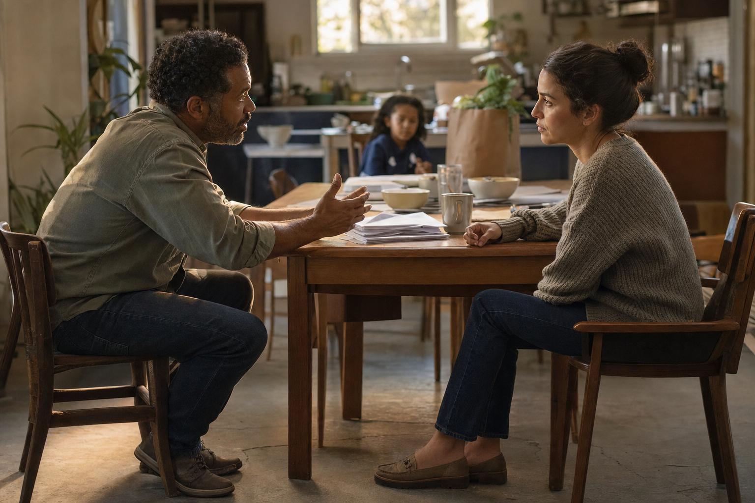 Two adults have a tense conversation at a kitchen table while one pauses, relaxes a clenched hand, and listens.