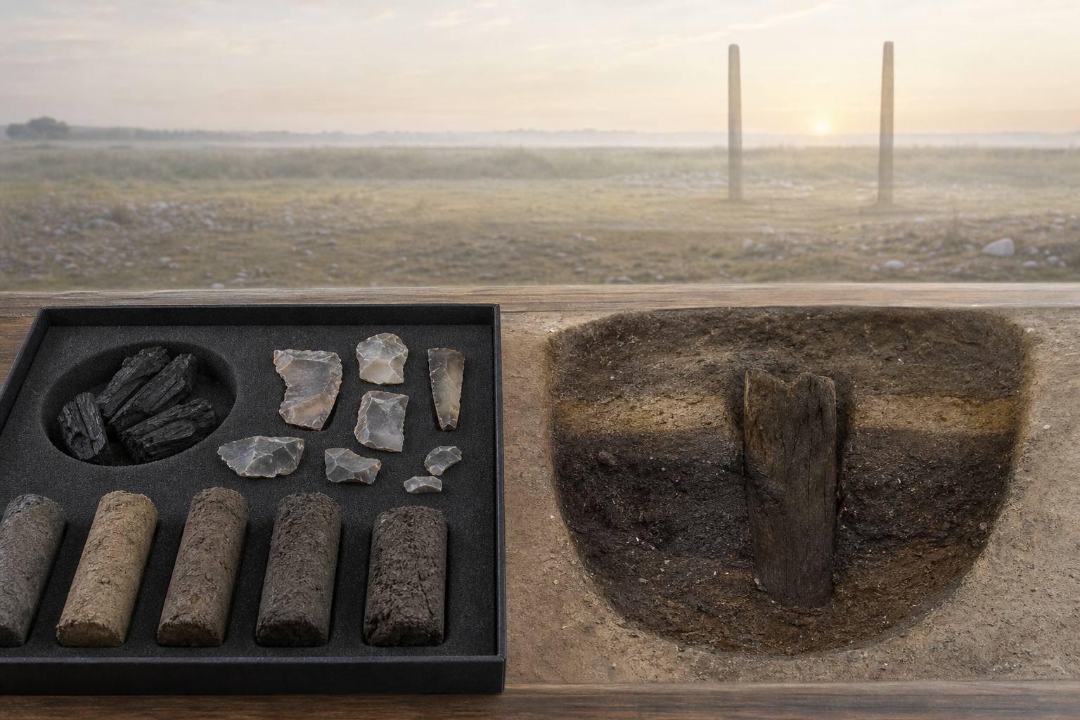 Excavated charcoal, flint, soil samples, and a posthole section appear sharply in front of a faint reconstructed solar alignment.
