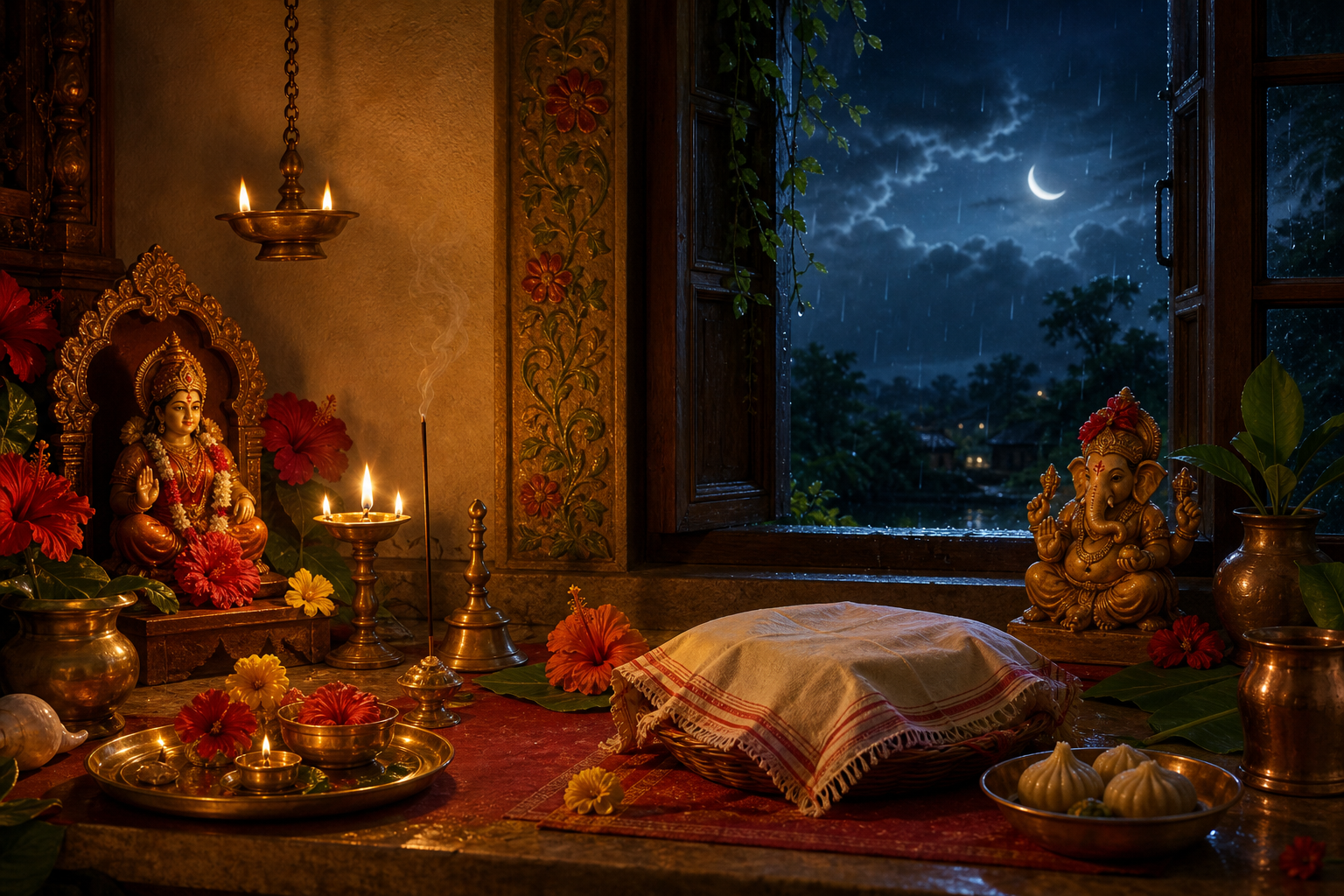A lamplit Hindu home shrine with representations of Goddess Parvati and Lord Ganesha, puja offerings, and a crescent moon beyond a monsoon window.